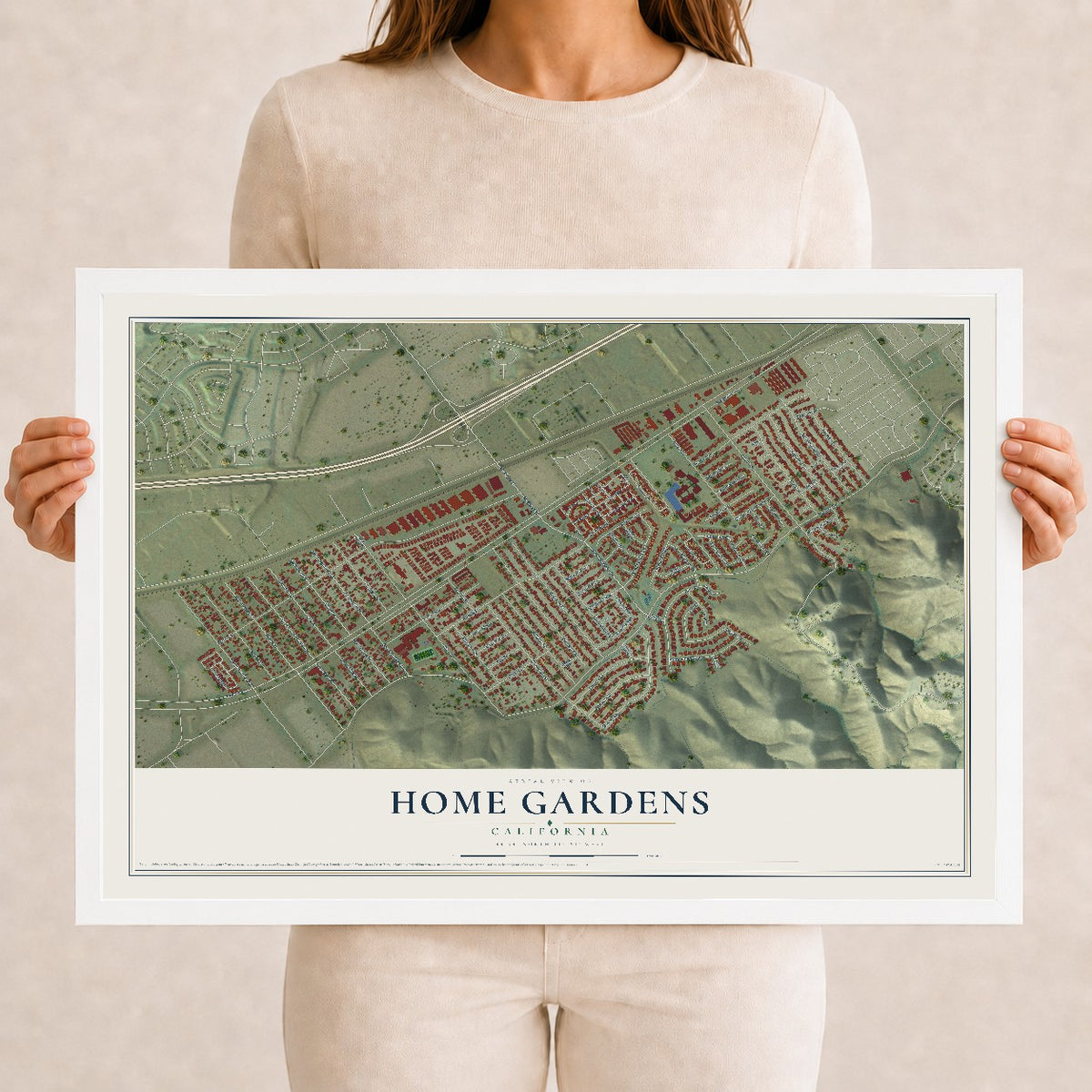 Map of Home Gardens, California, 12 x 18 inch print in a white wood frame