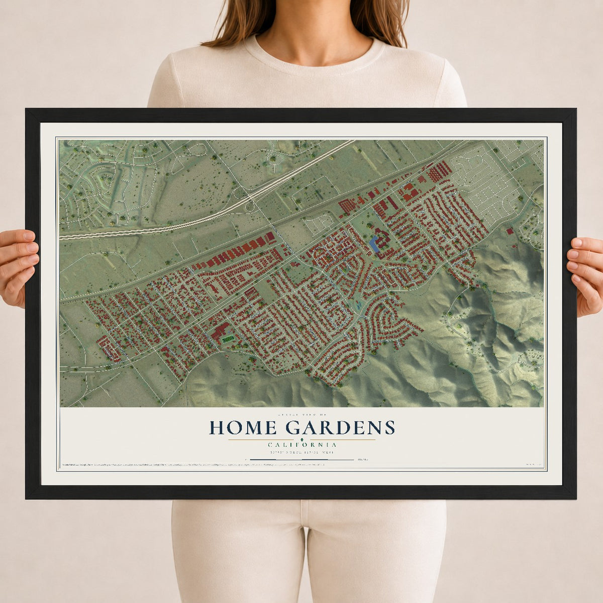 Map of Home Gardens, California, 18 x 24 inch print in a black wood frame