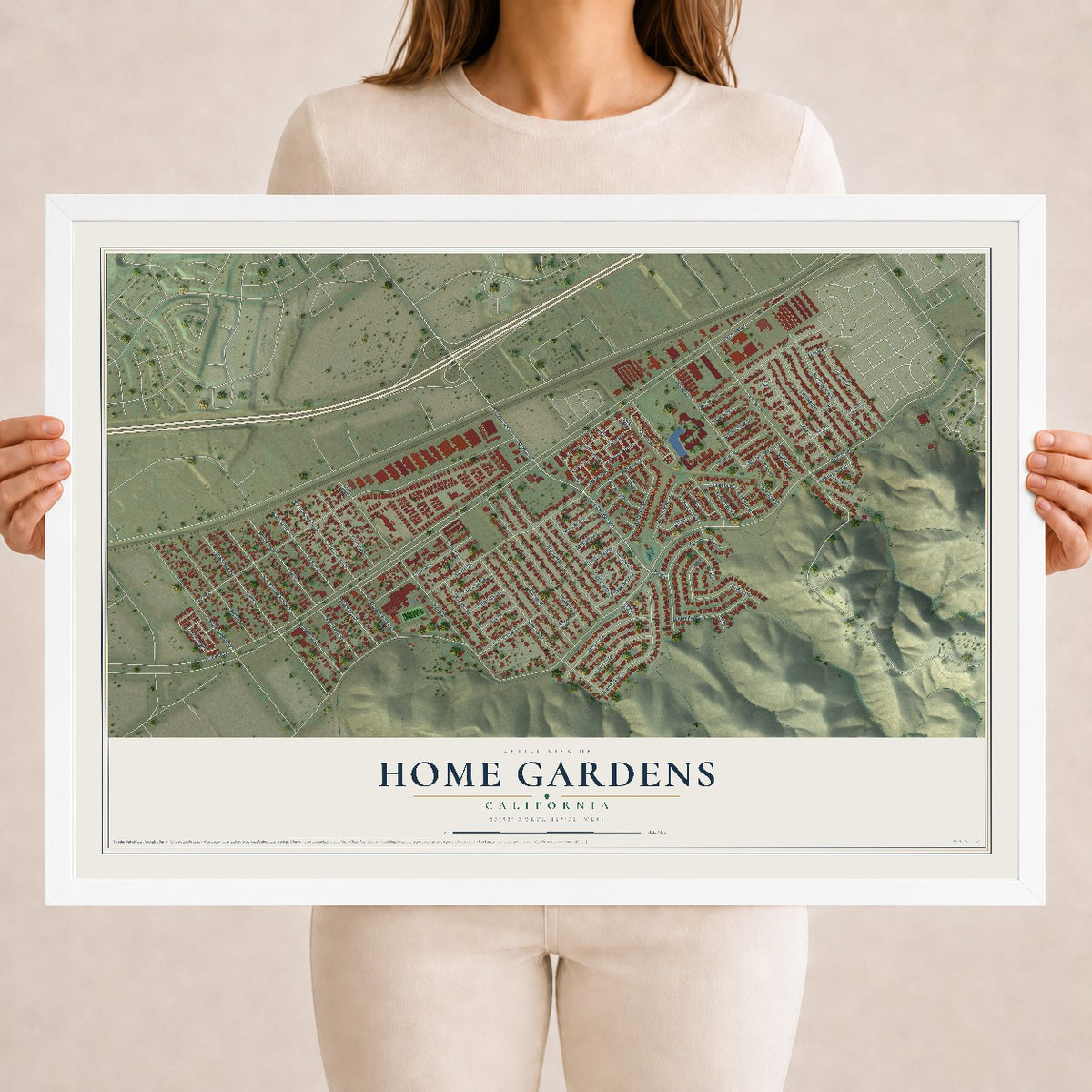 Map of Home Gardens, California, 18 x 24 inch print in a white wood frame