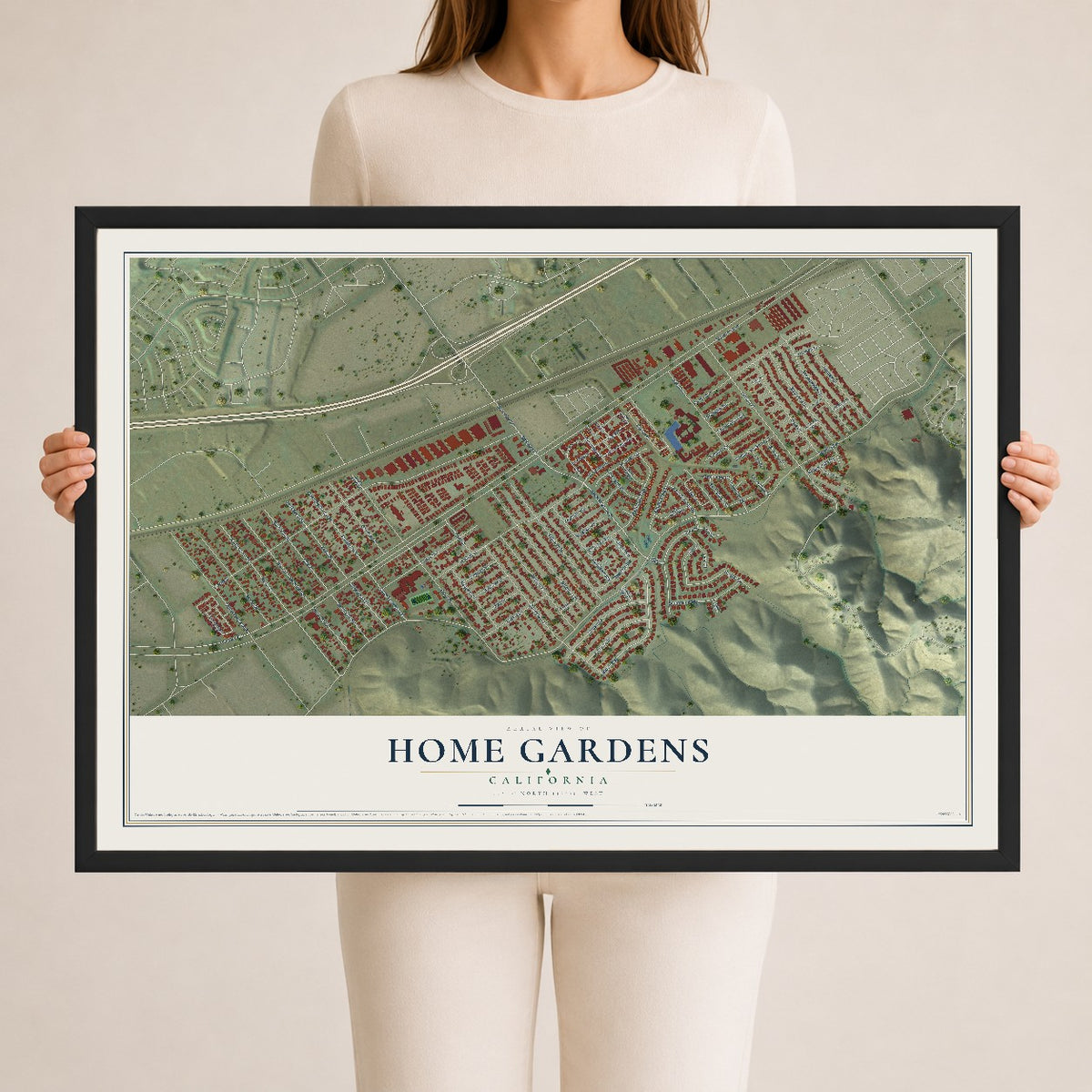 Map of Home Gardens, California, 24 x 36 inch print in a black wood frame