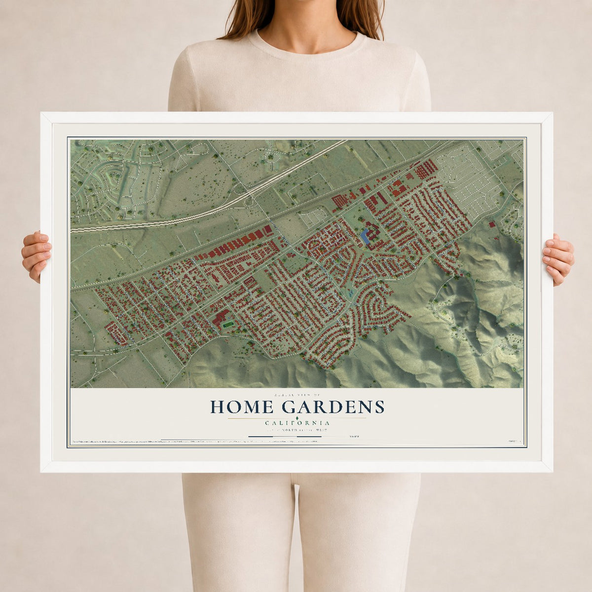 Map of Home Gardens, California, 24 x 36 inch print in a white wood frame