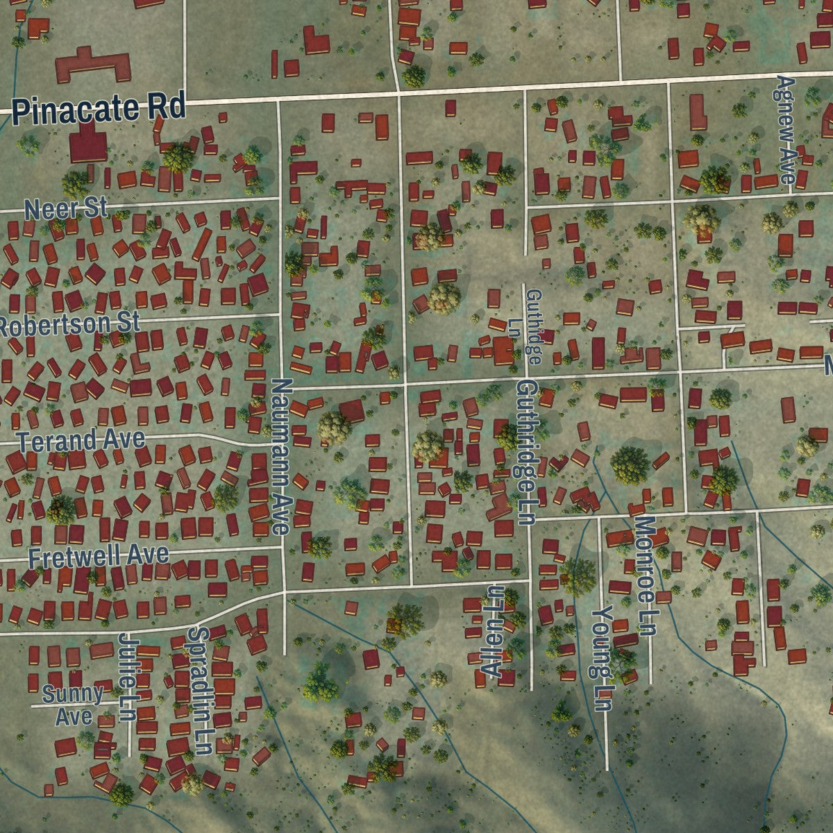 Close-up of the map of Homeland, California print showing street and building detail