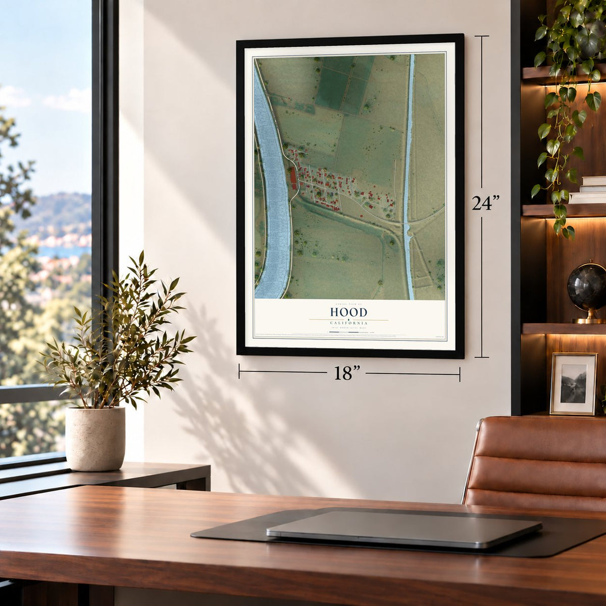 Hood, California map, 18 x 24 inch print in a black frame in a home office
