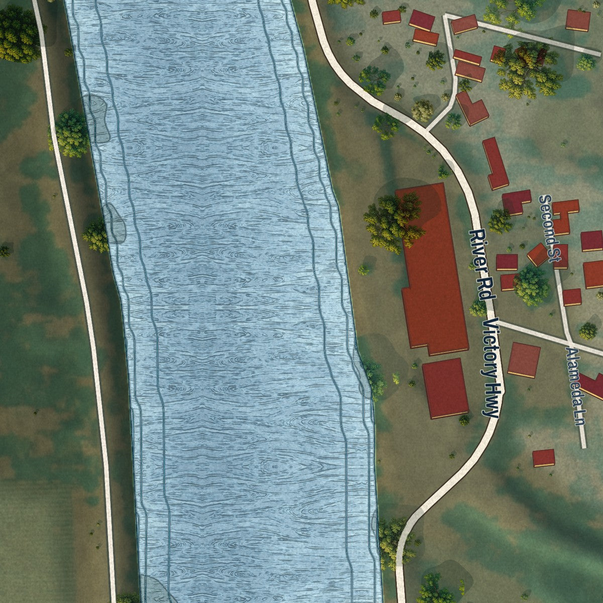 Close-up of the map of Hood, California print showing street and building detail