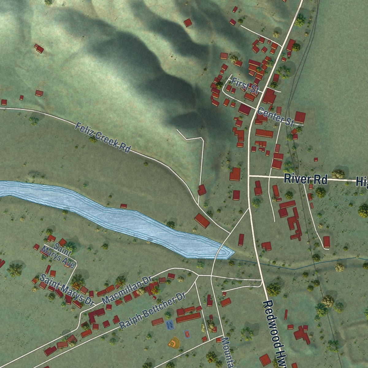Close-up of the map of Hopland, California print showing street and building detail