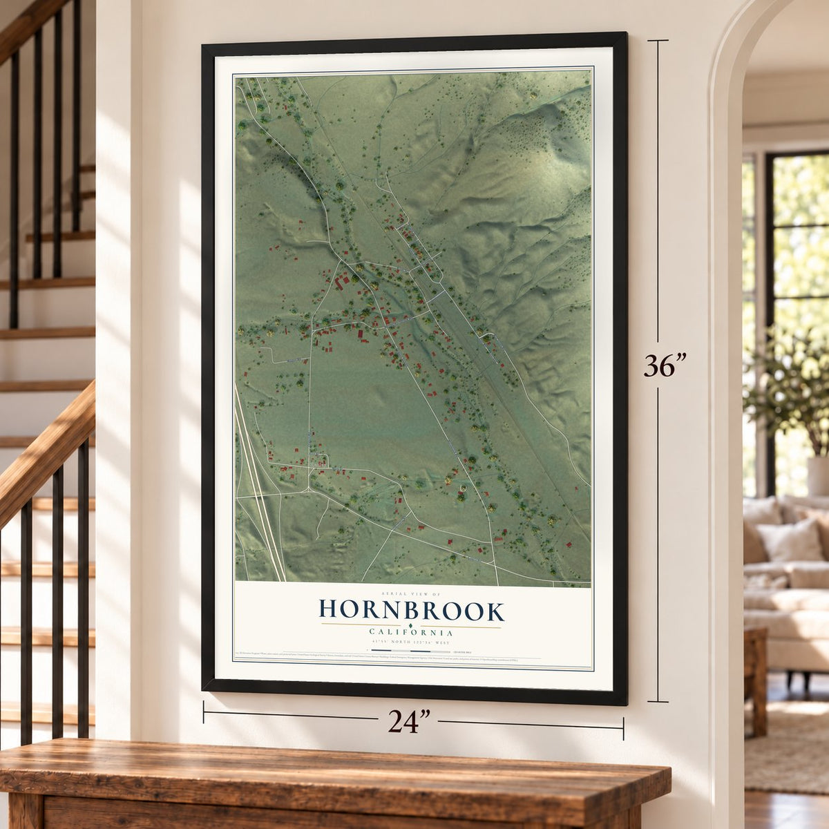 Hornbrook, California map, 24 x 36 inch print in a black frame by a staircase