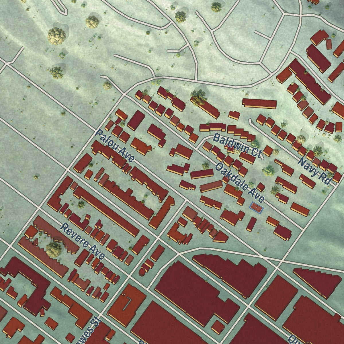 Close-up of the map of Hunters Point, California print showing street and building detail