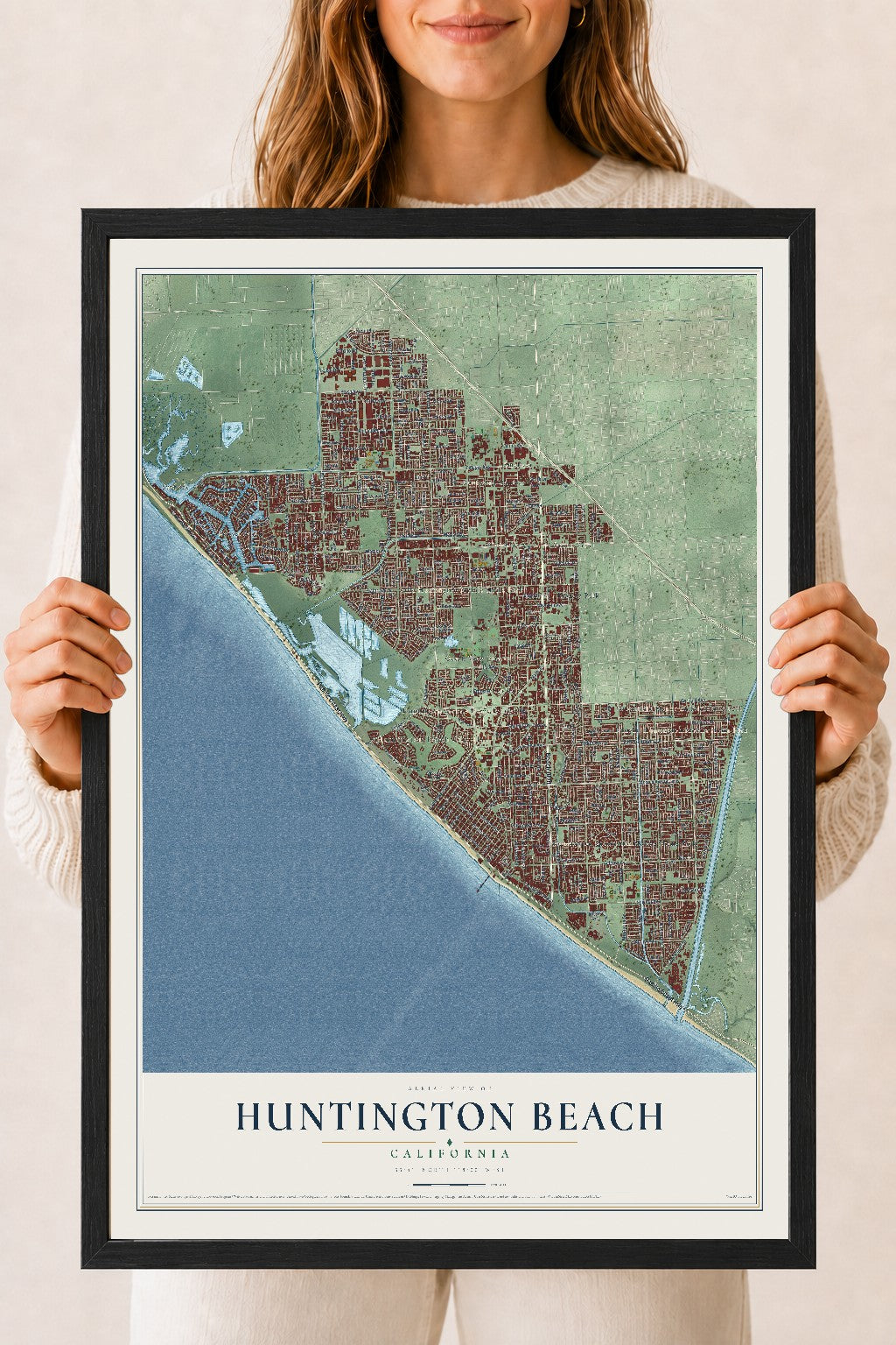 Map of Huntington Beach, California, 18 x 24 inch print in a black wood frame