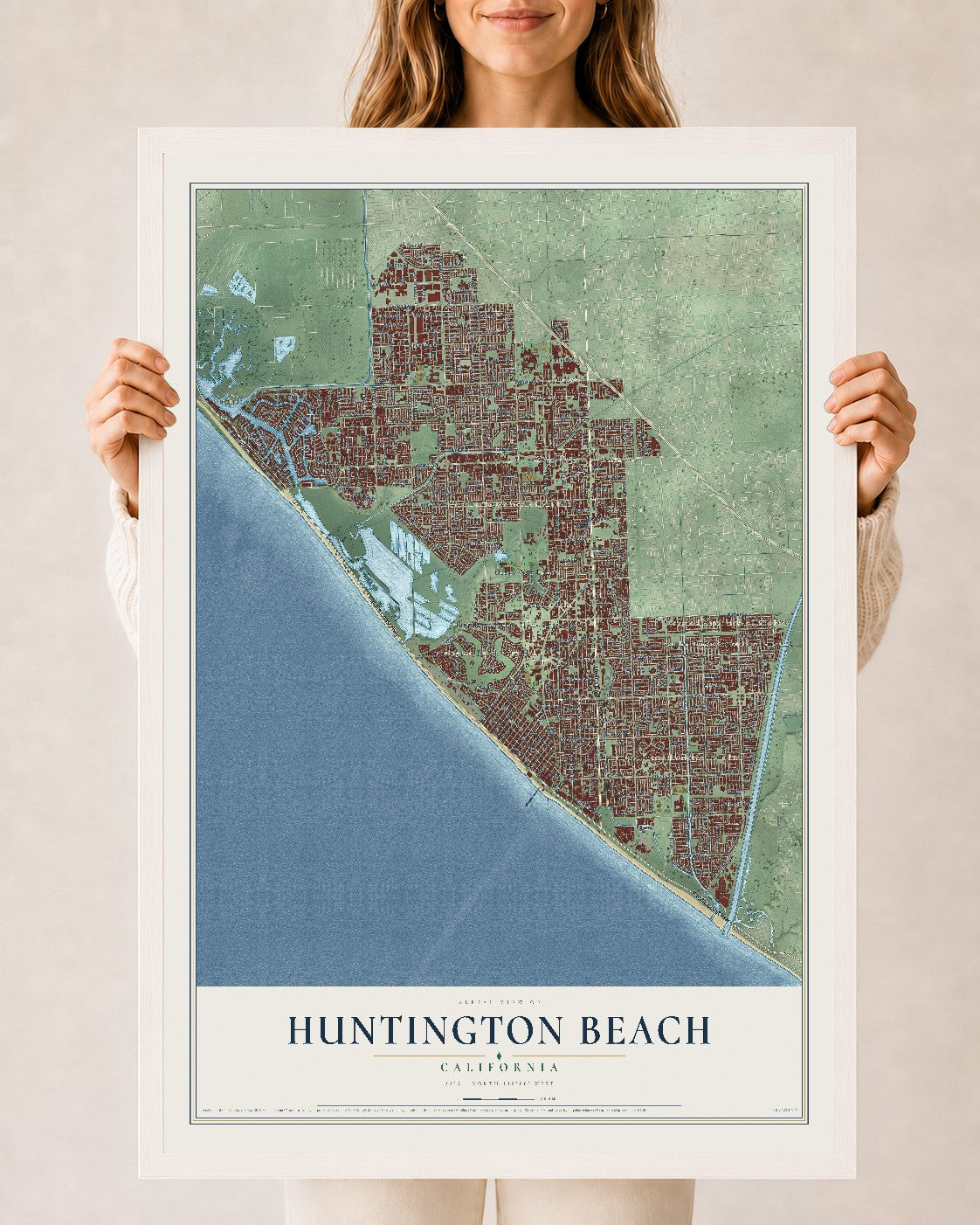 Map of Huntington Beach, California, 24 x 36 inch print in a white wood frame