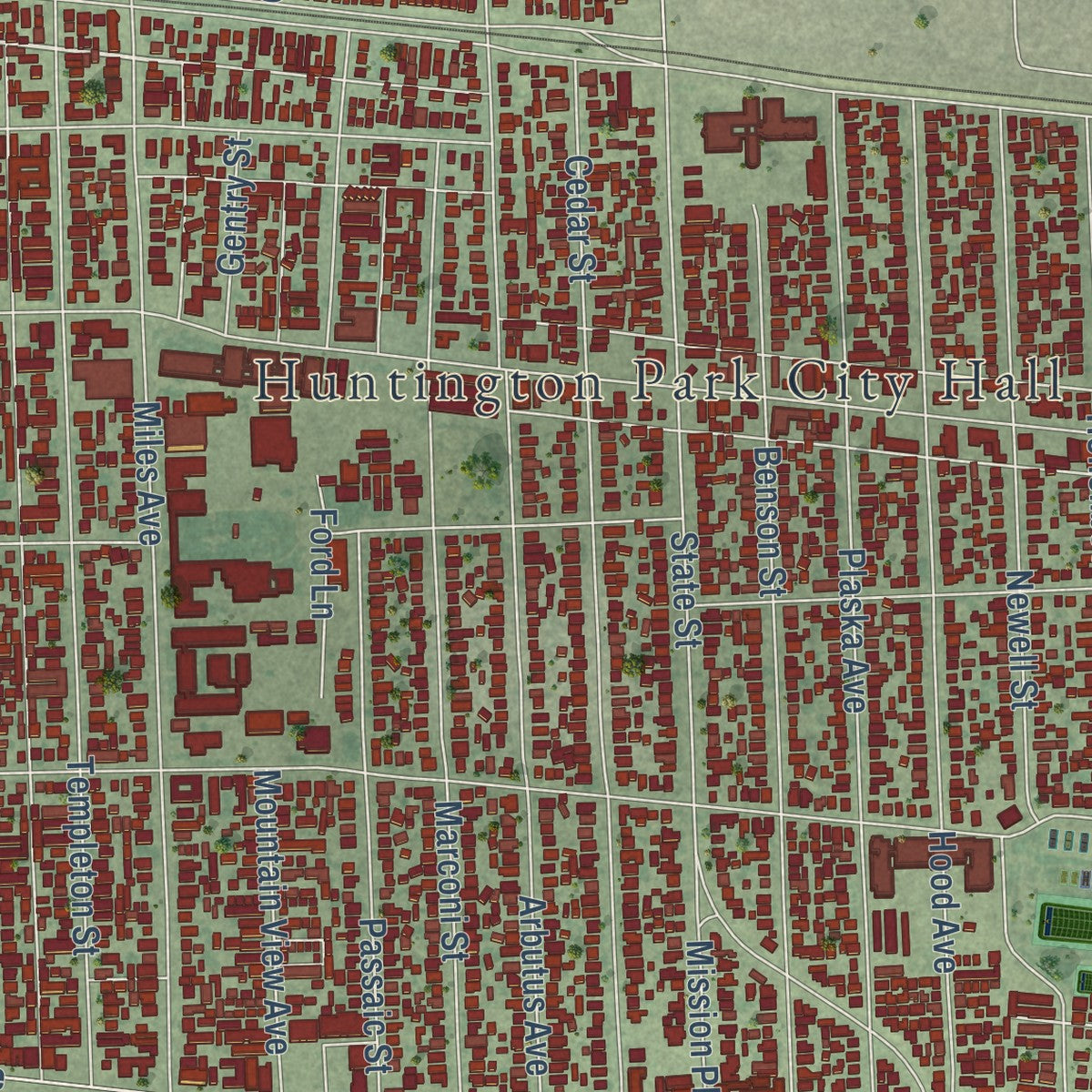 Close-up of the map of Huntington Park, California print showing street and building detail