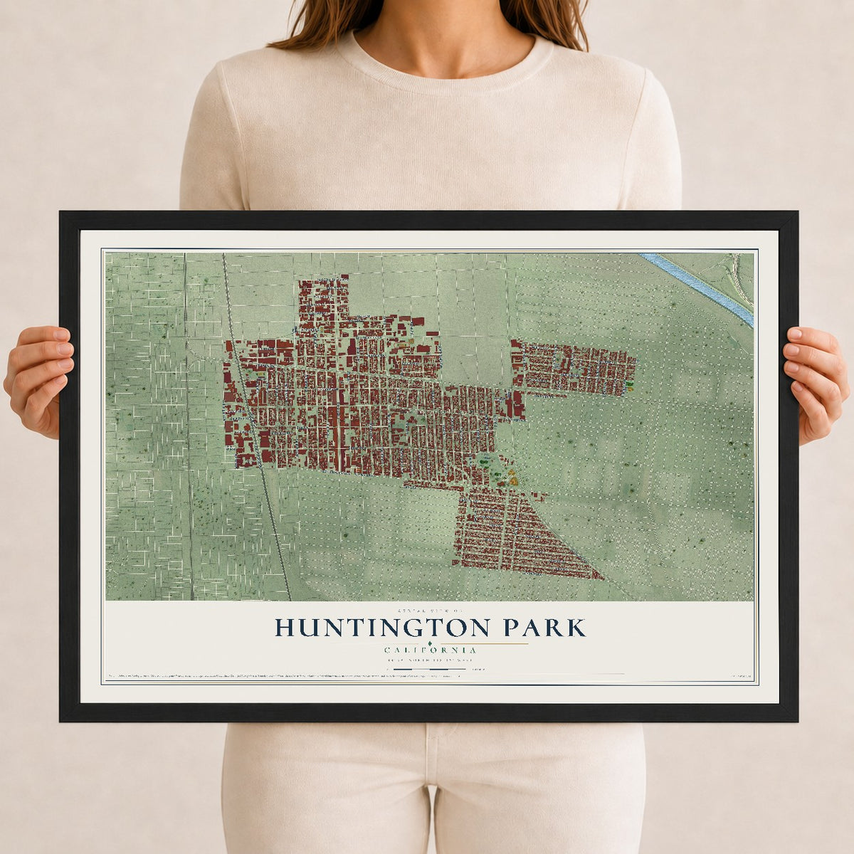 Map of Huntington Park, California, 12 x 18 inch print in a black wood frame