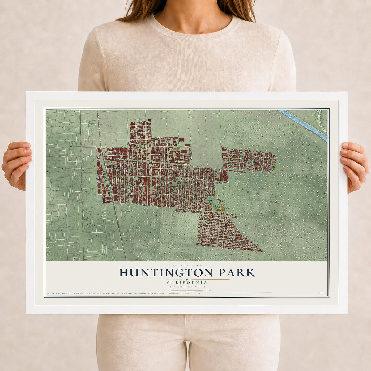 Map of Huntington Park, California, 12 x 18 inch print in a white wood frame