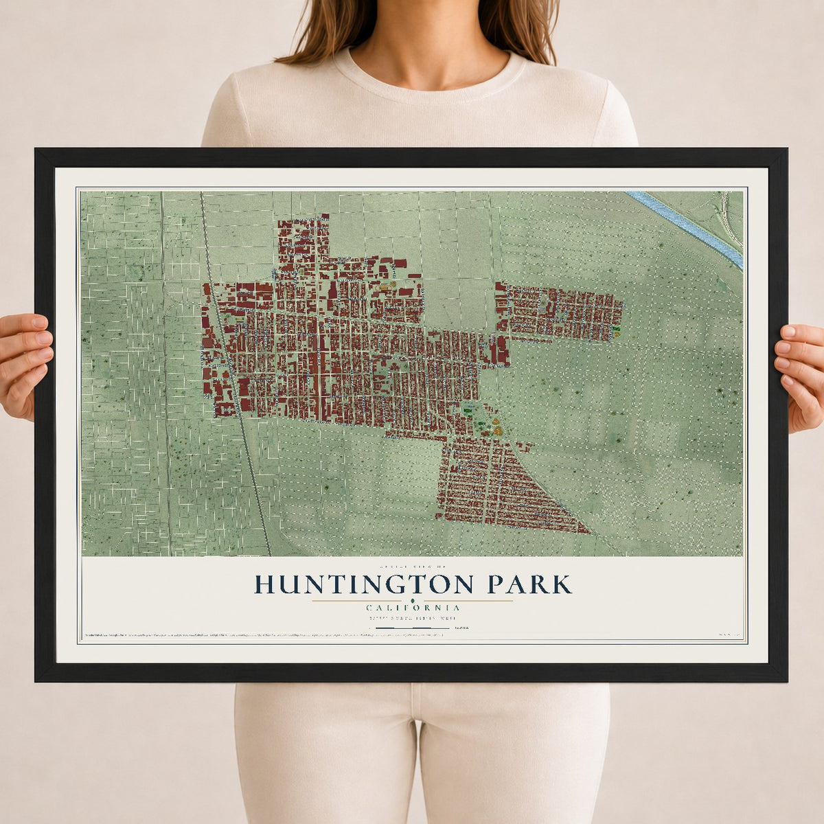 Map of Huntington Park, California, 18 x 24 inch print in a black wood frame