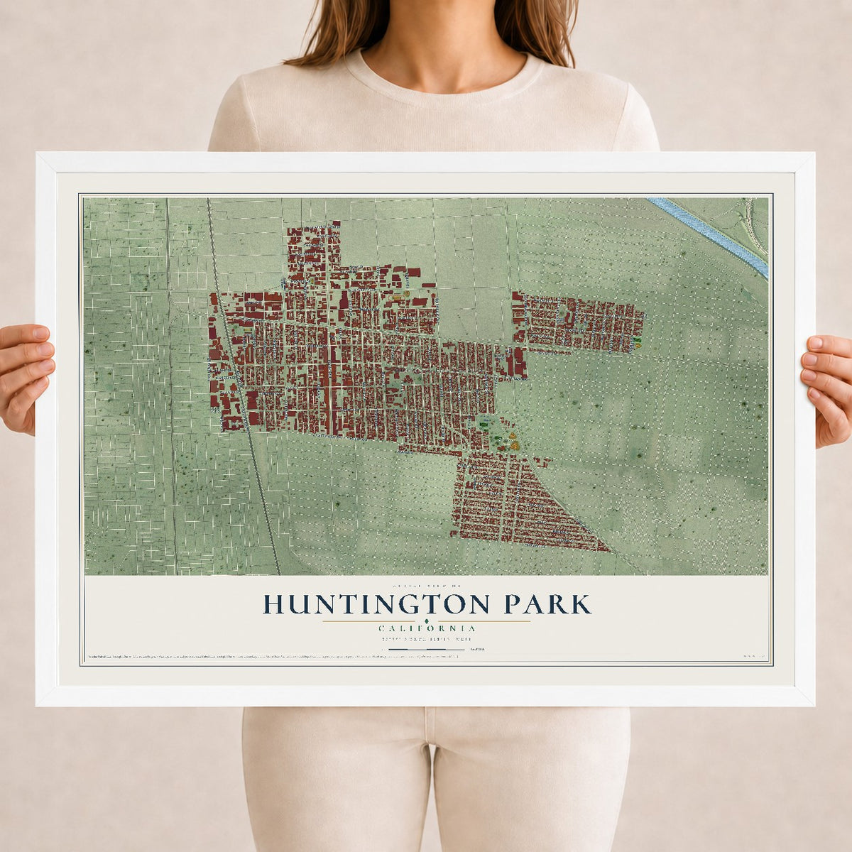 Map of Huntington Park, California, 18 x 24 inch print in a white wood frame