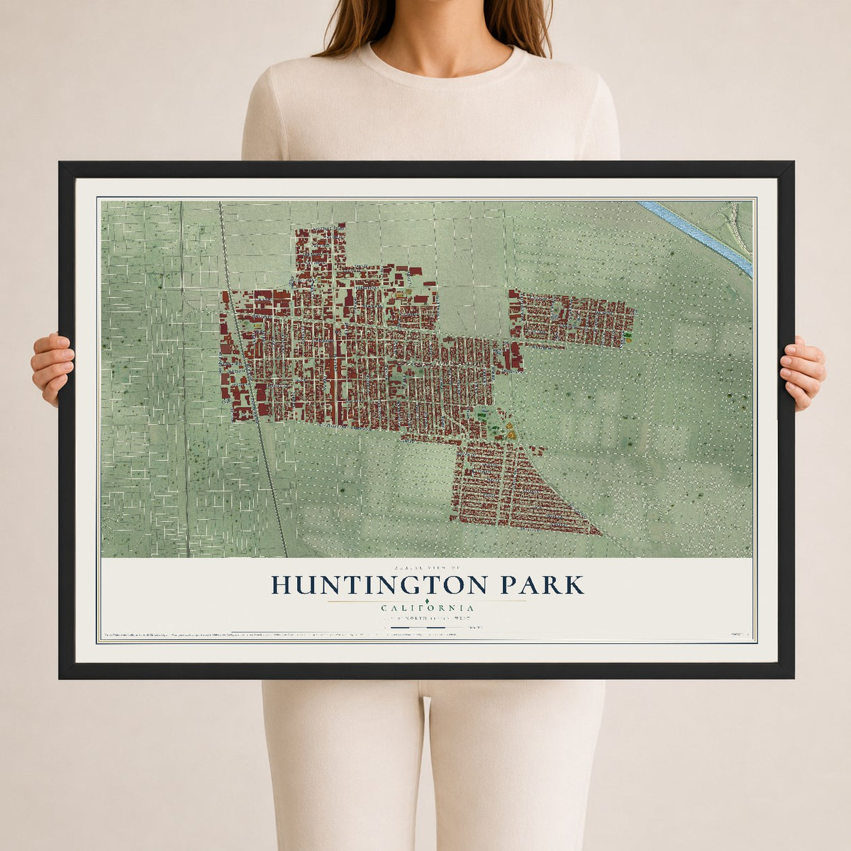 Map of Huntington Park, California, 24 x 36 inch print in a black wood frame