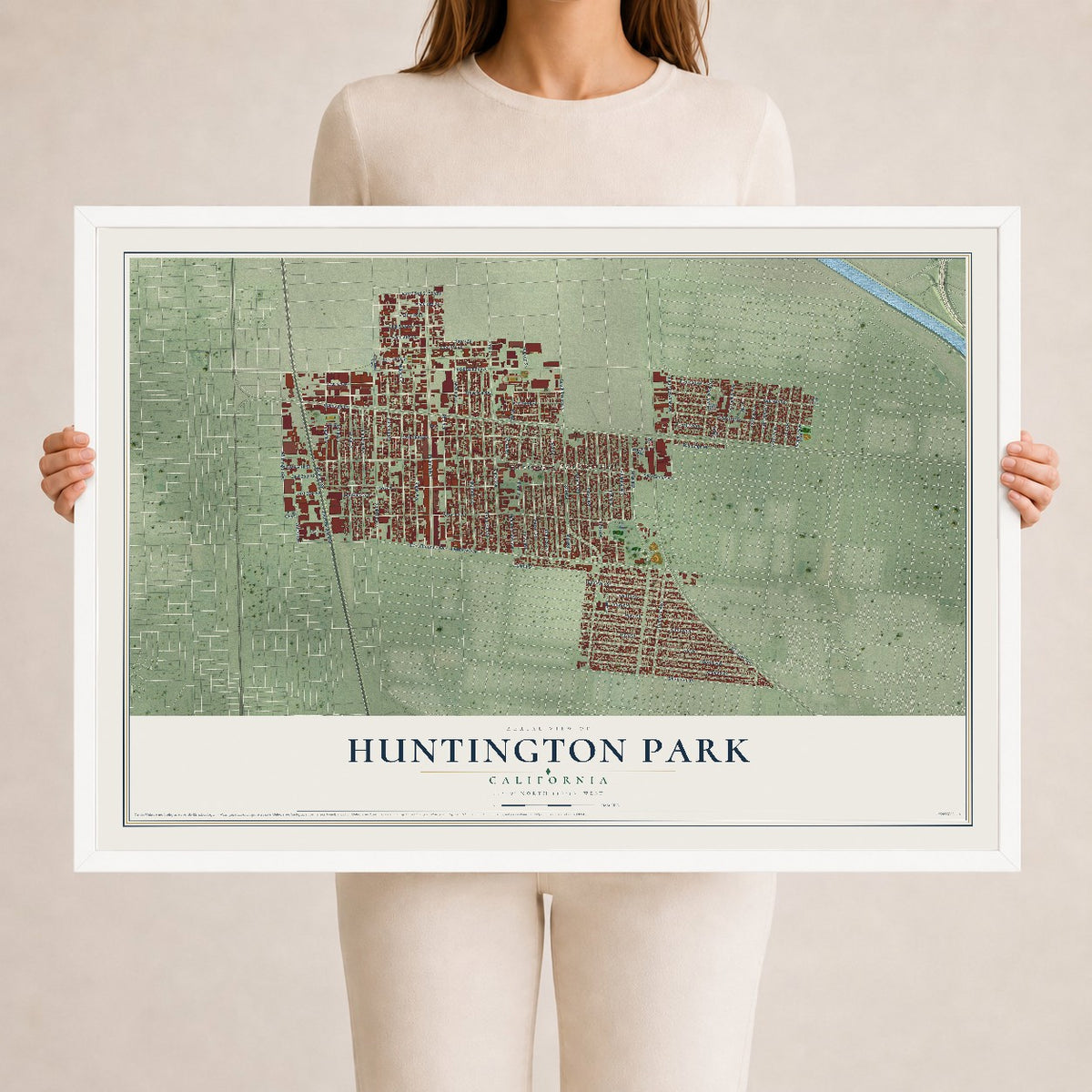 Map of Huntington Park, California, 24 x 36 inch print in a white wood frame