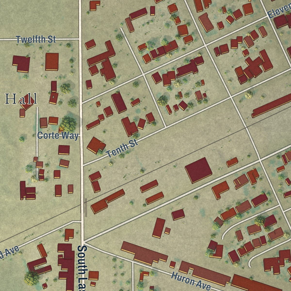 Close-up of the map of Huron, California print showing street and building detail