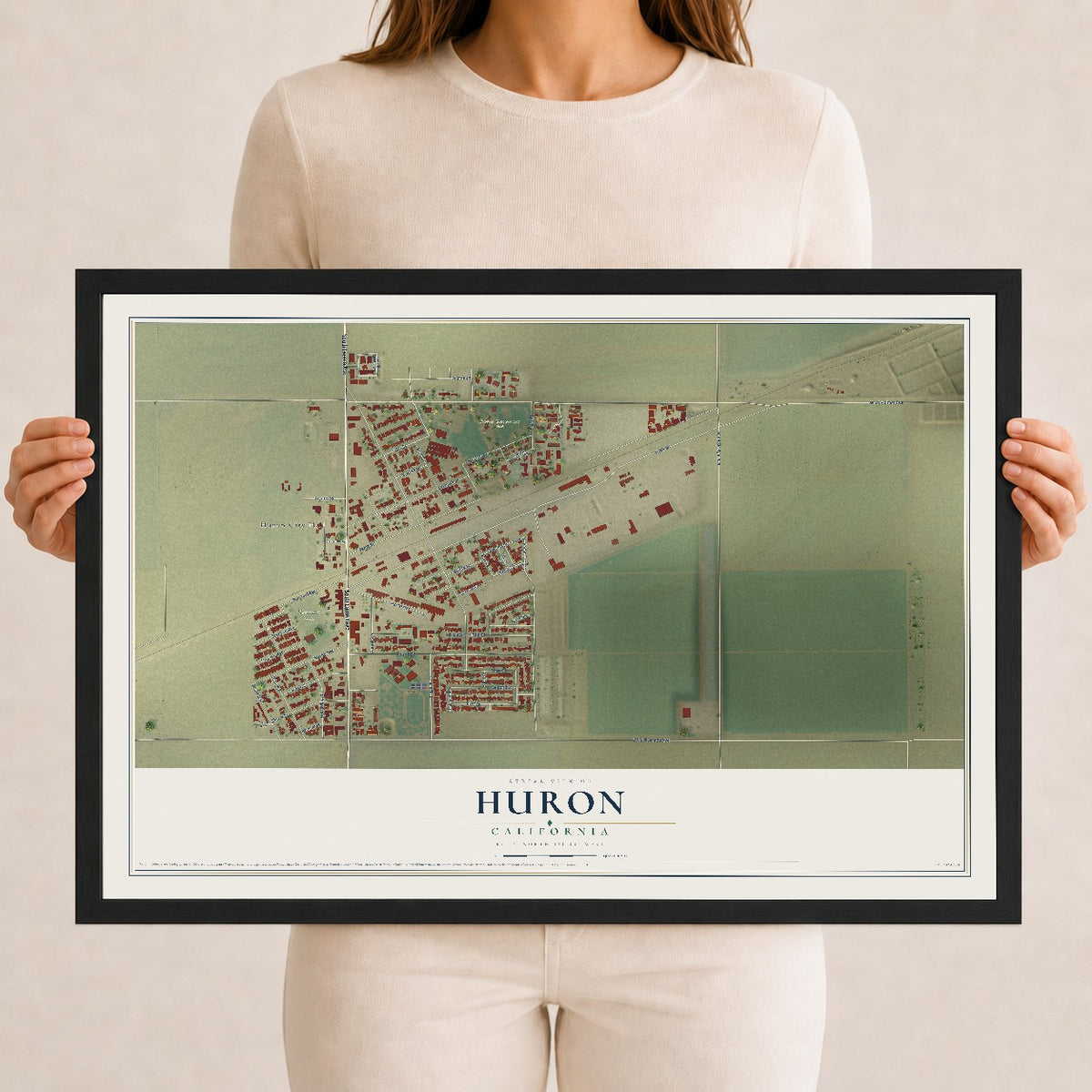 Map of Huron, California, 12 x 18 inch print in a black wood frame