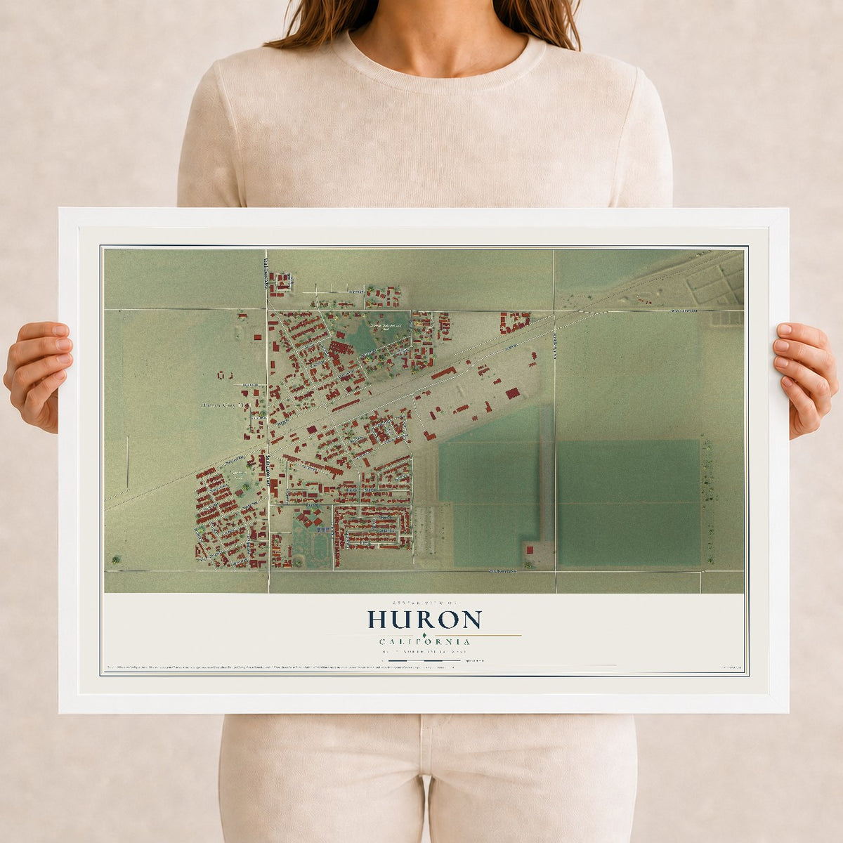 Map of Huron, California, 12 x 18 inch print in a white wood frame