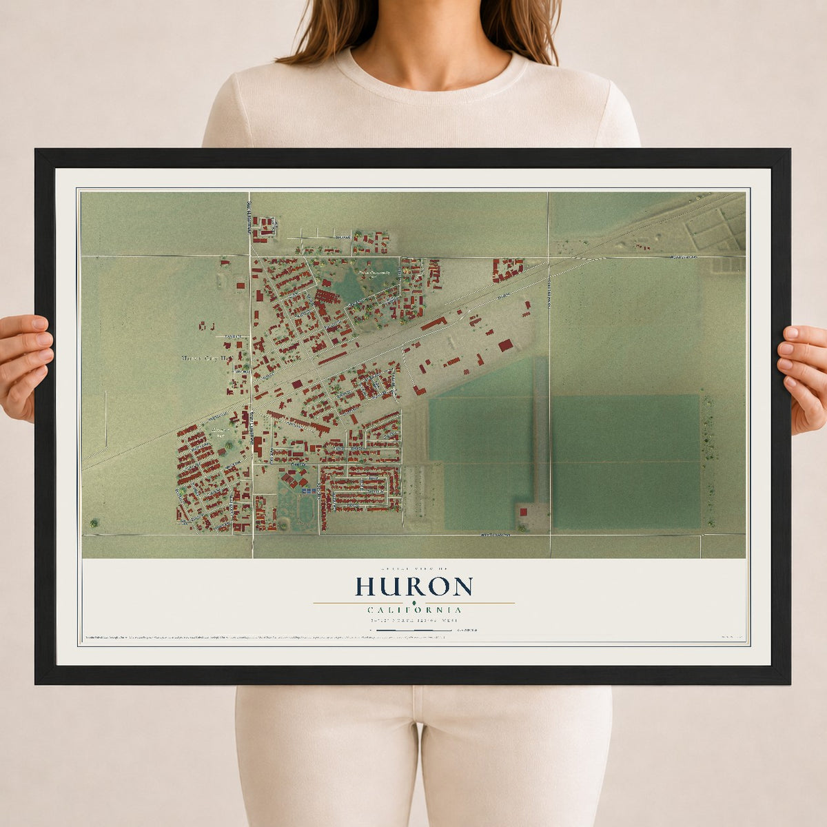 Map of Huron, California, 18 x 24 inch print in a black wood frame