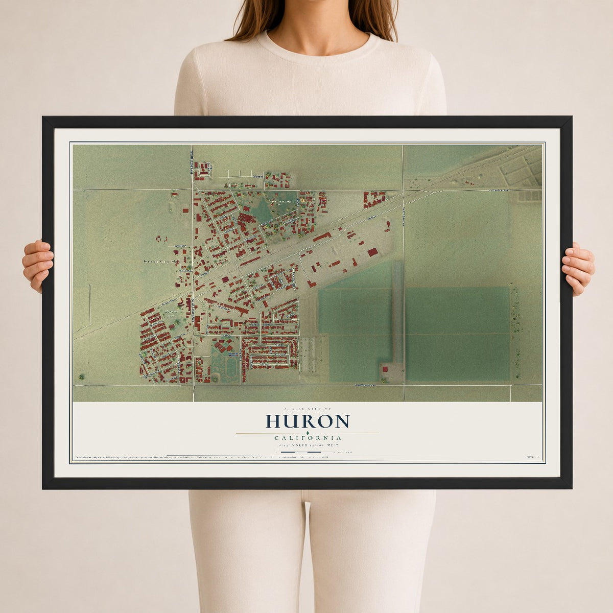 Map of Huron, California, 24 x 36 inch print in a black wood frame