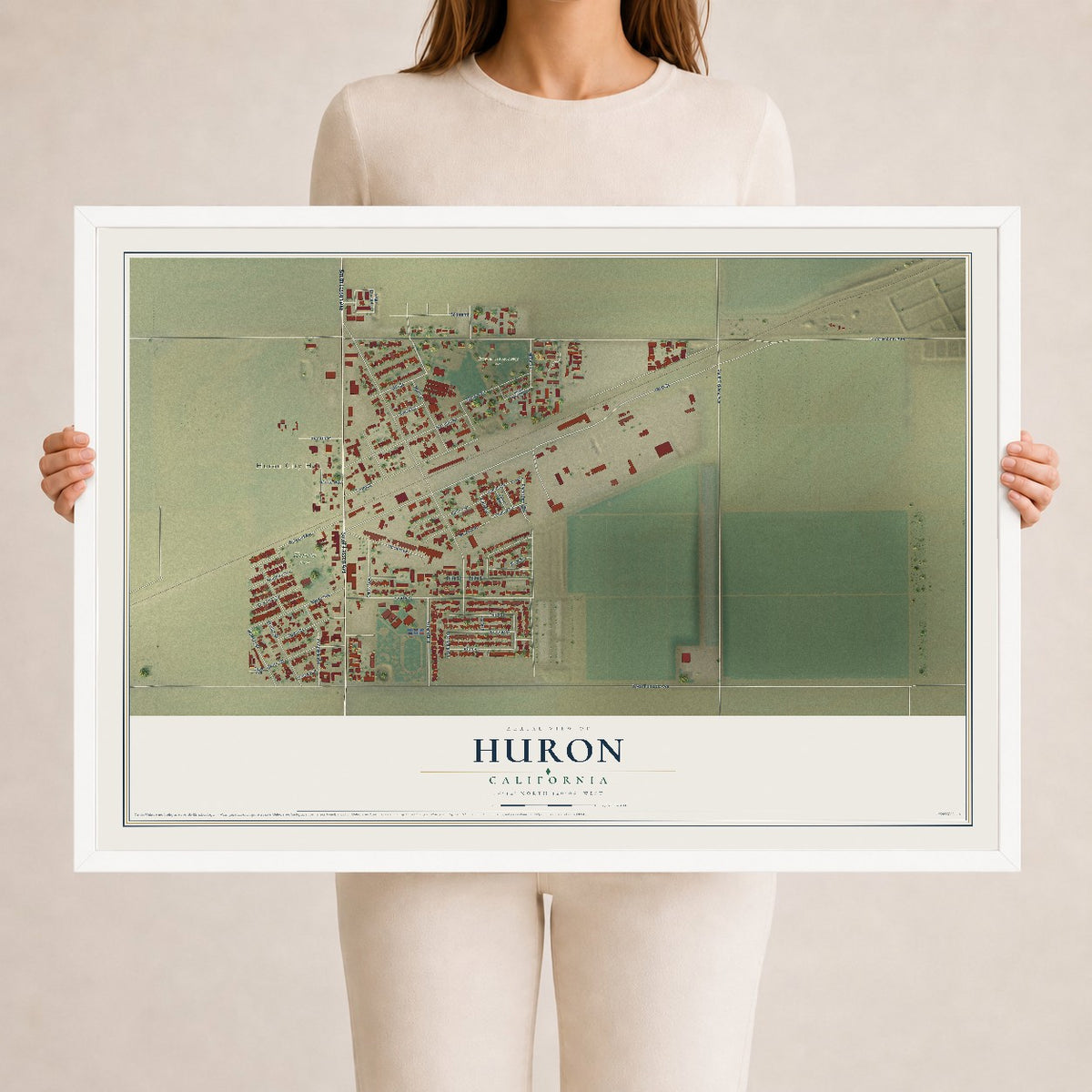 Map of Huron, California, 24 x 36 inch print in a white wood frame
