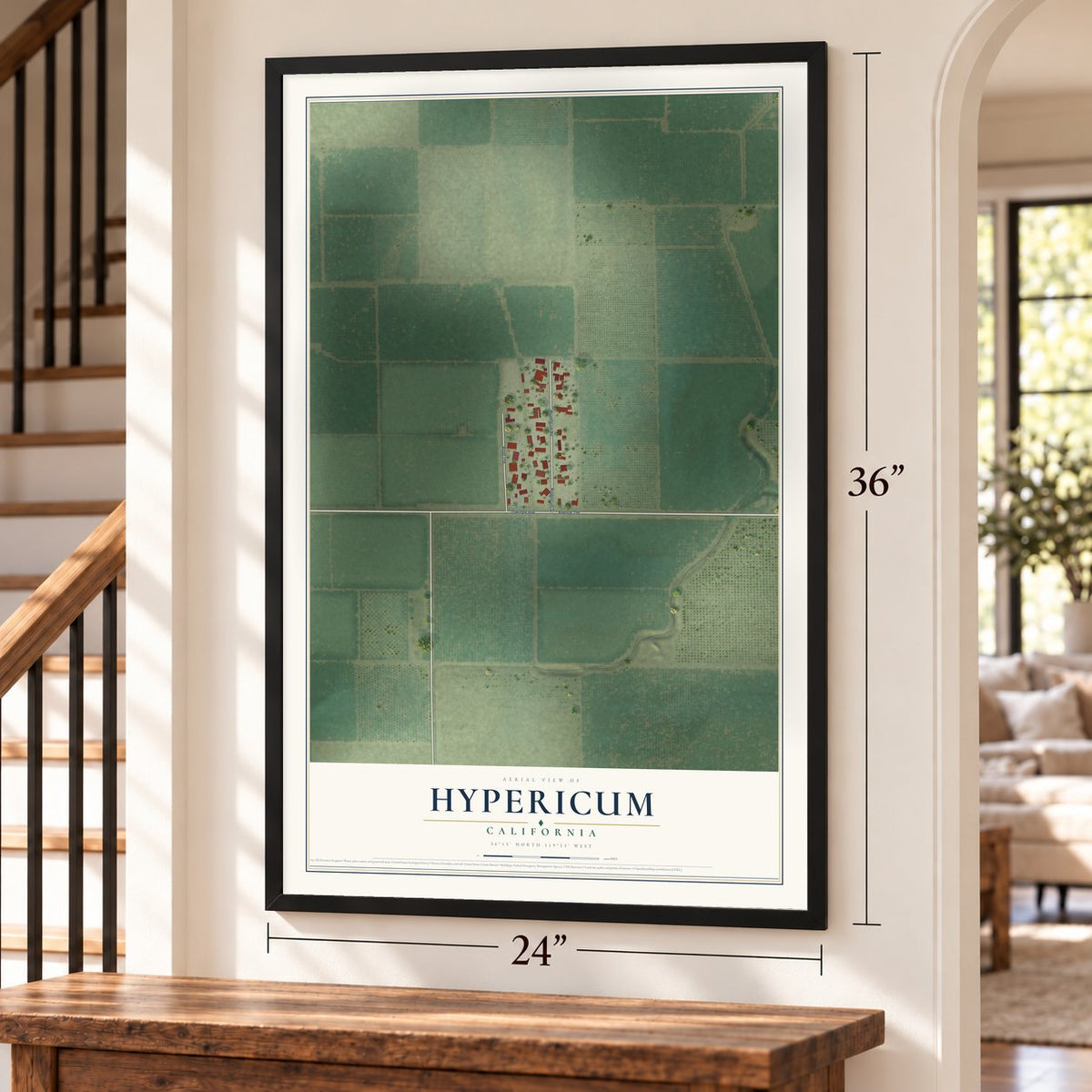 Hypericum, California map, 24 x 36 inch print in a black frame by a staircase