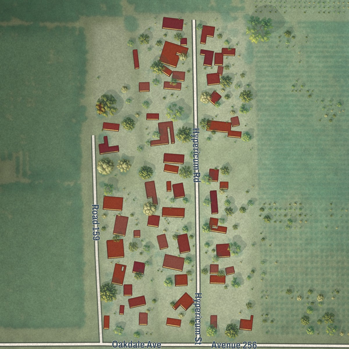 Close-up of the map of Hypericum, California print showing street and building detail
