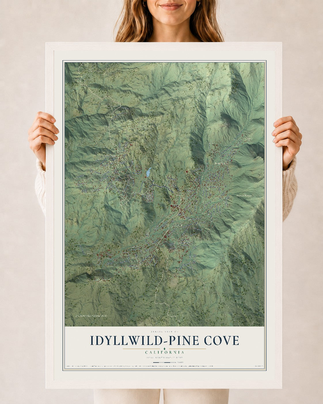 Map of Idyllwild-Pine Cove, California, 24 x 36 inch print in a white wood frame