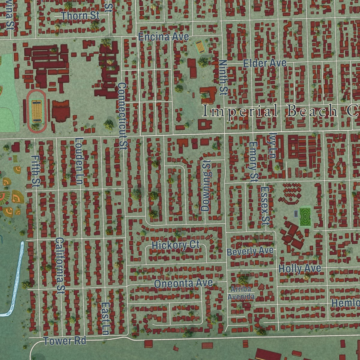 Close-up of the map of Imperial Beach, California print showing street and building detail
