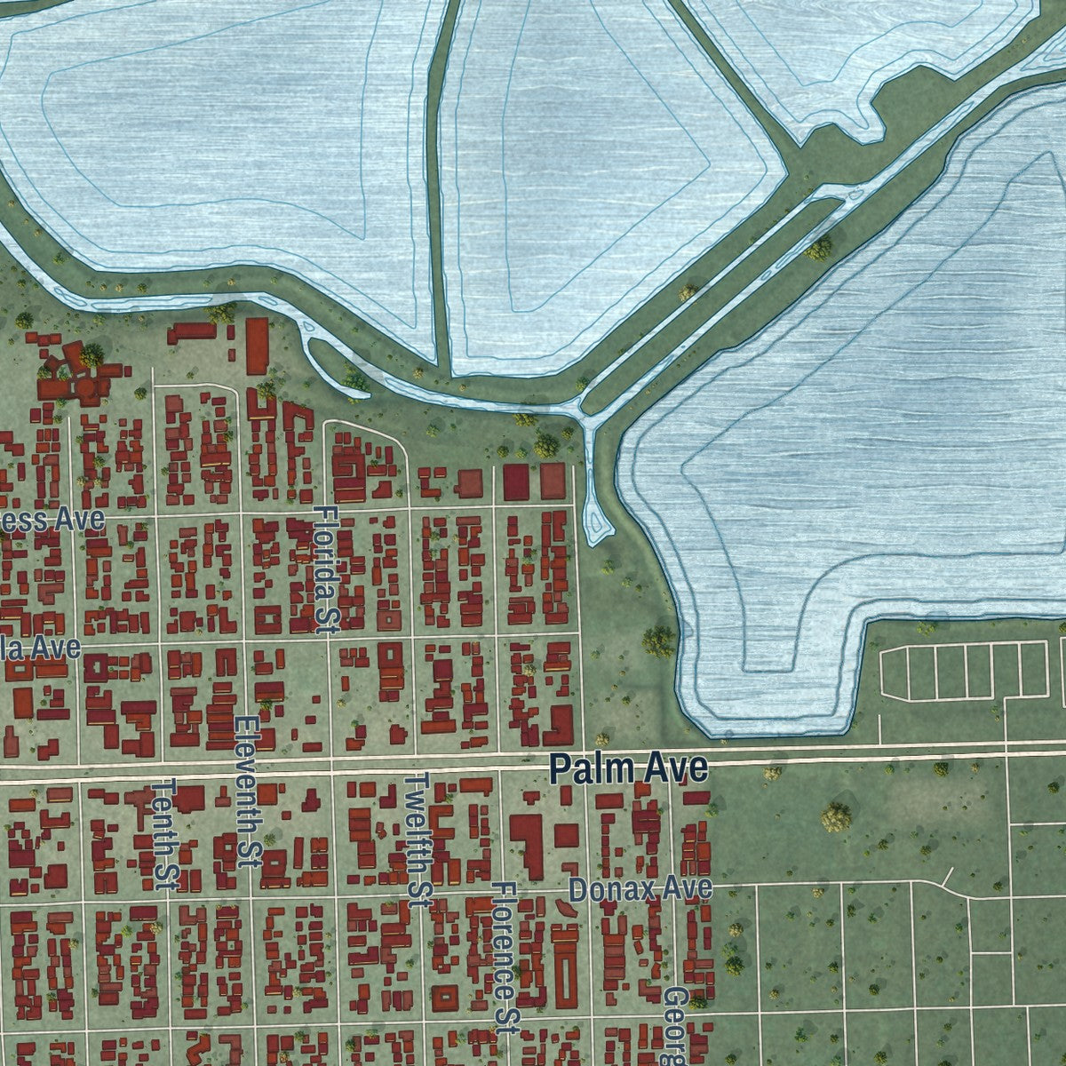 Second close-up of the map of Imperial Beach, California print showing more streets and buildings