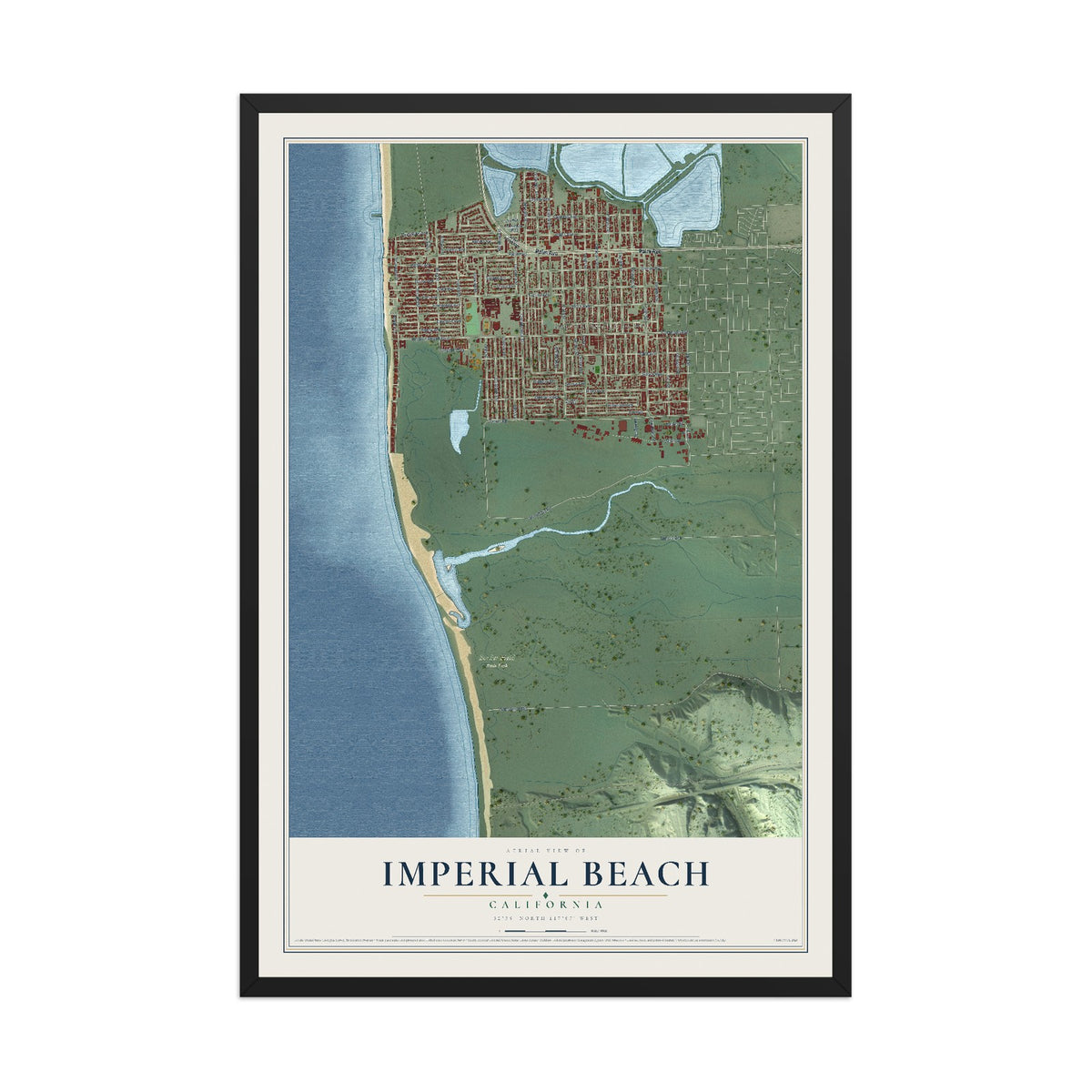 Map of Imperial Beach, California, 12 x 18 inch print in a black wood frame