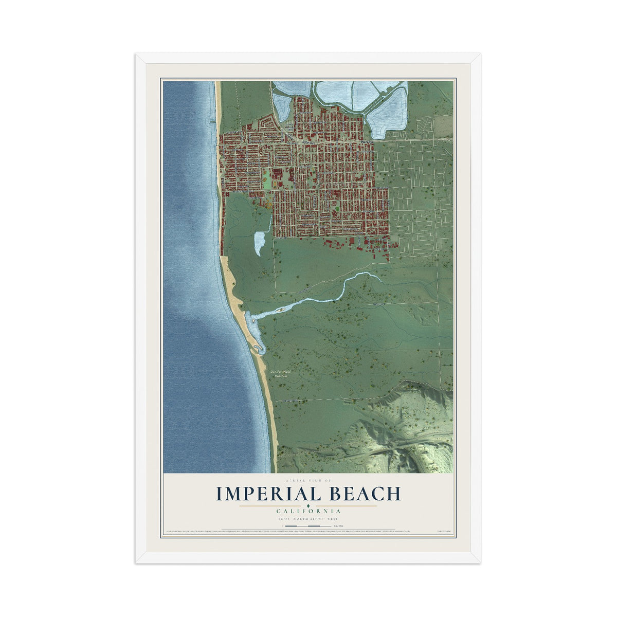 Map of Imperial Beach, California, 12 x 18 inch print in a white wood frame