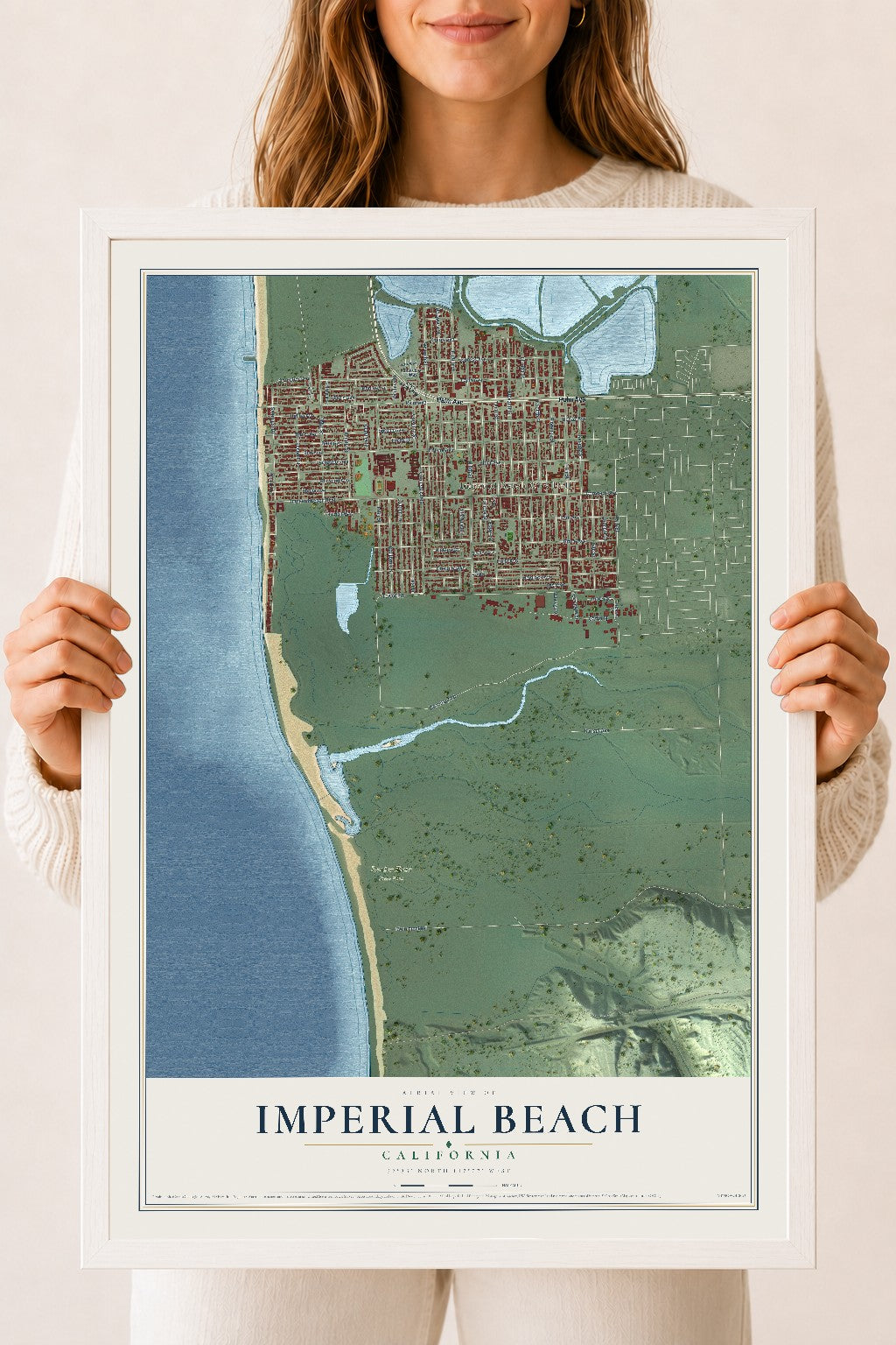 Map of Imperial Beach, California, 18 x 24 inch print in a white wood frame