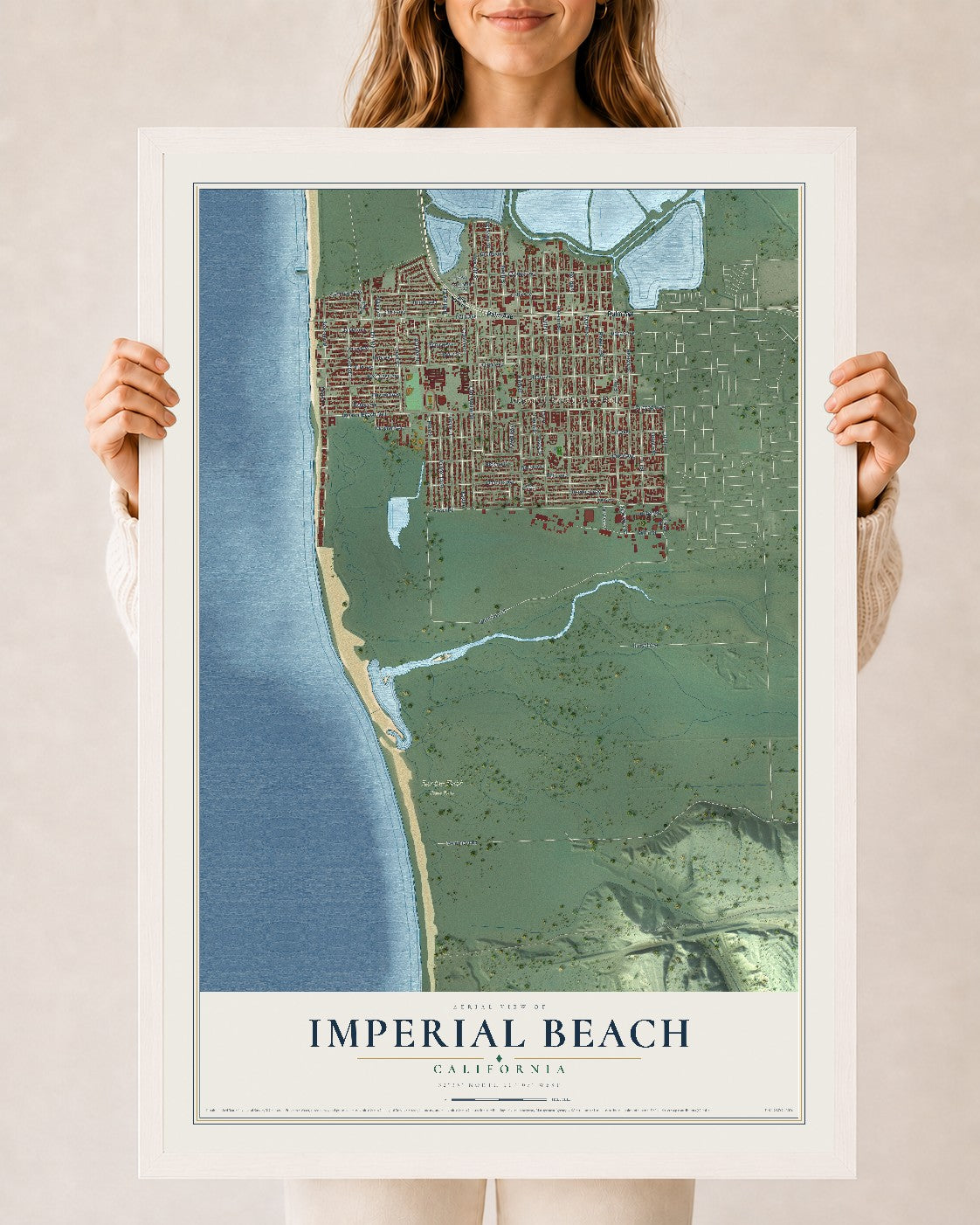 Map of Imperial Beach, California, 24 x 36 inch print in a white wood frame