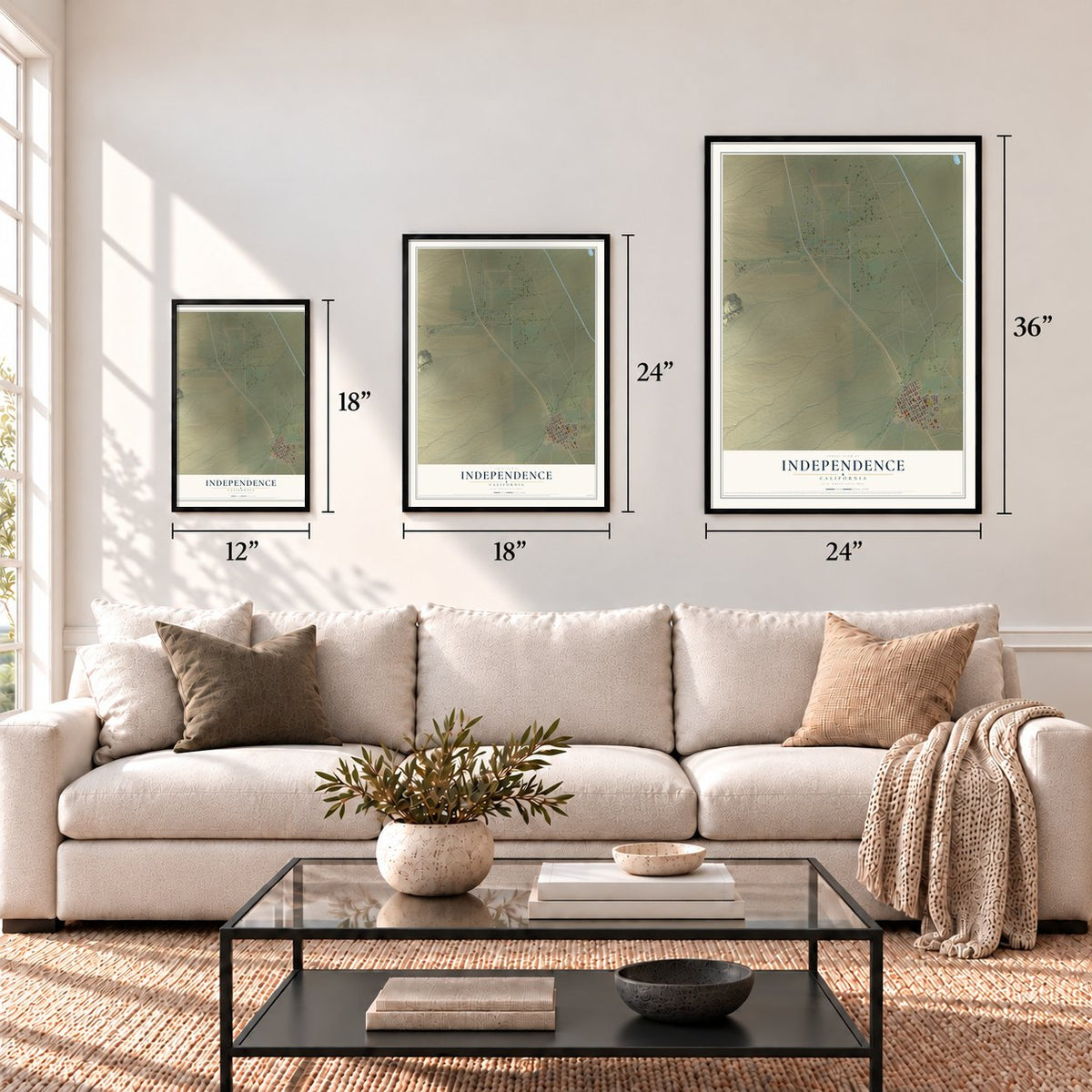 Independence, California map in 12 x 18, 18 x 24 and 24 x 36 inch sizes above a sofa