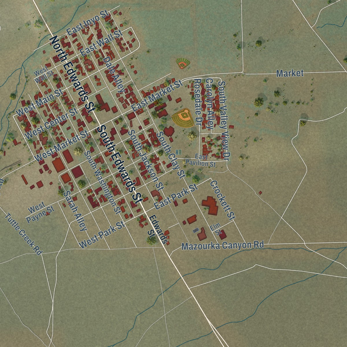 Close-up of the map of Independence, California print showing street and building detail