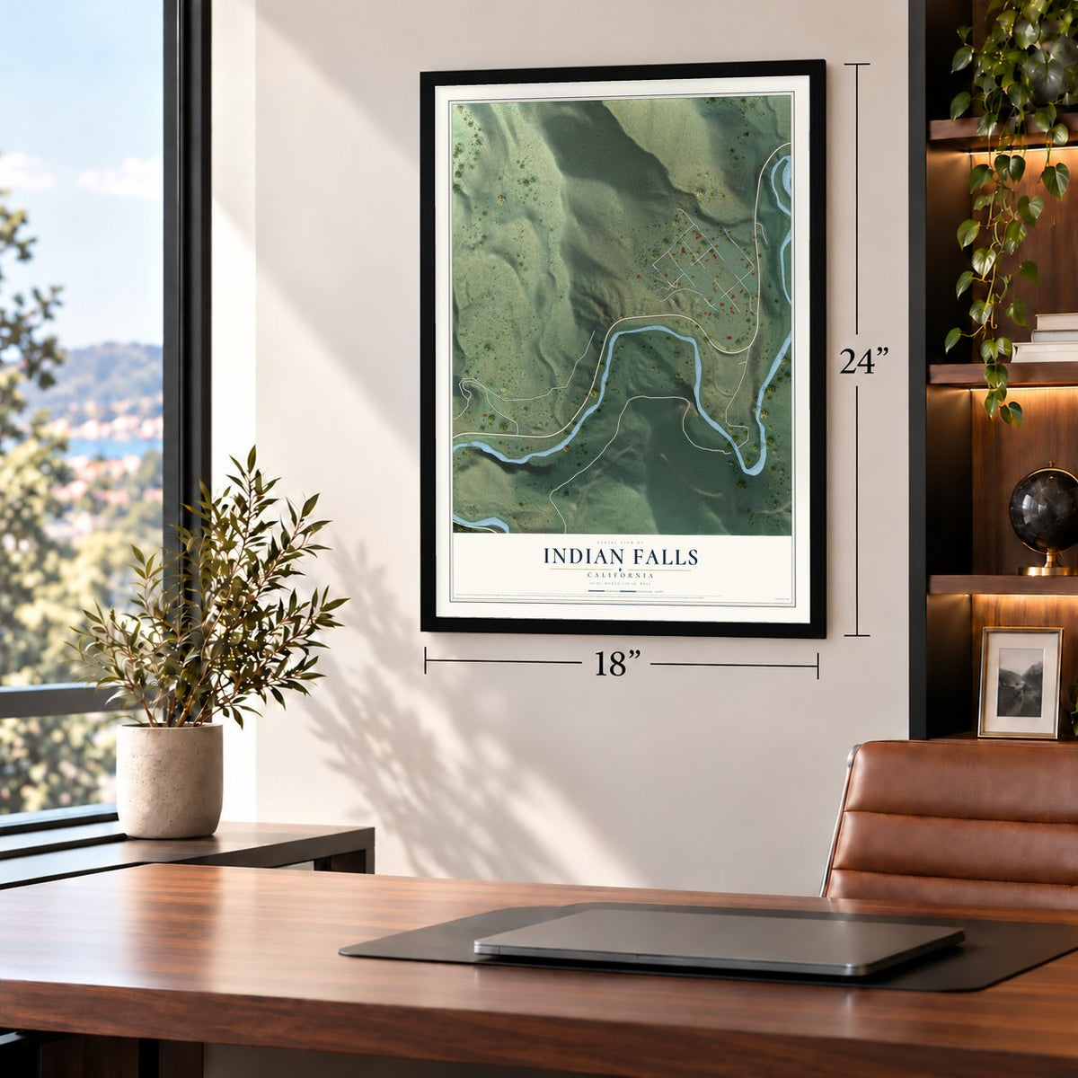 Indian Falls, California map, 18 x 24 inch print in a black frame in a home office