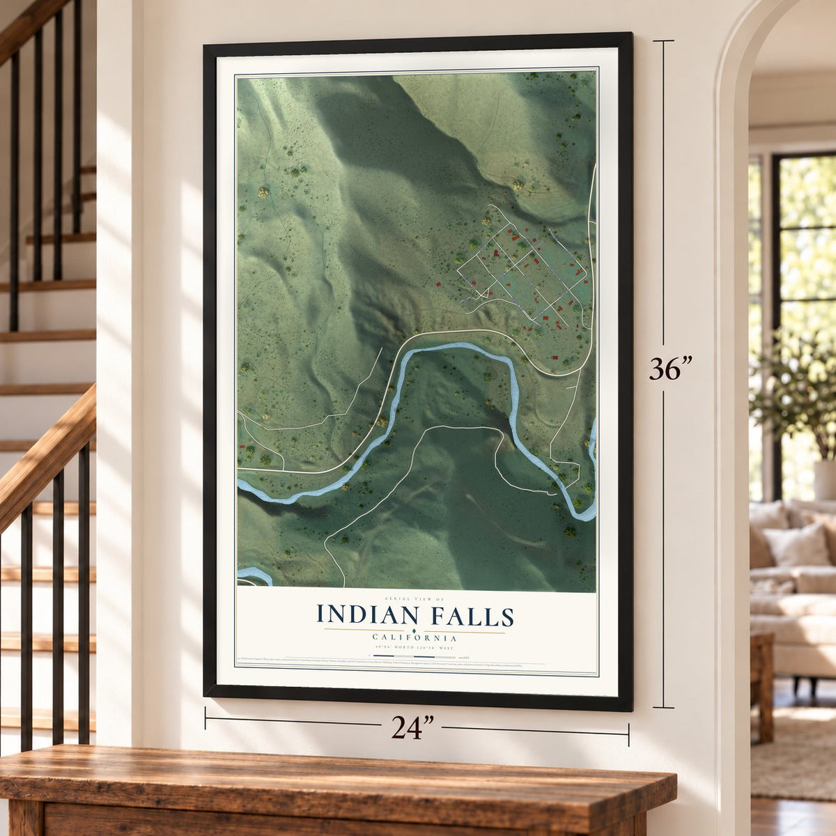 Indian Falls, California map, 24 x 36 inch print in a black frame by a staircase