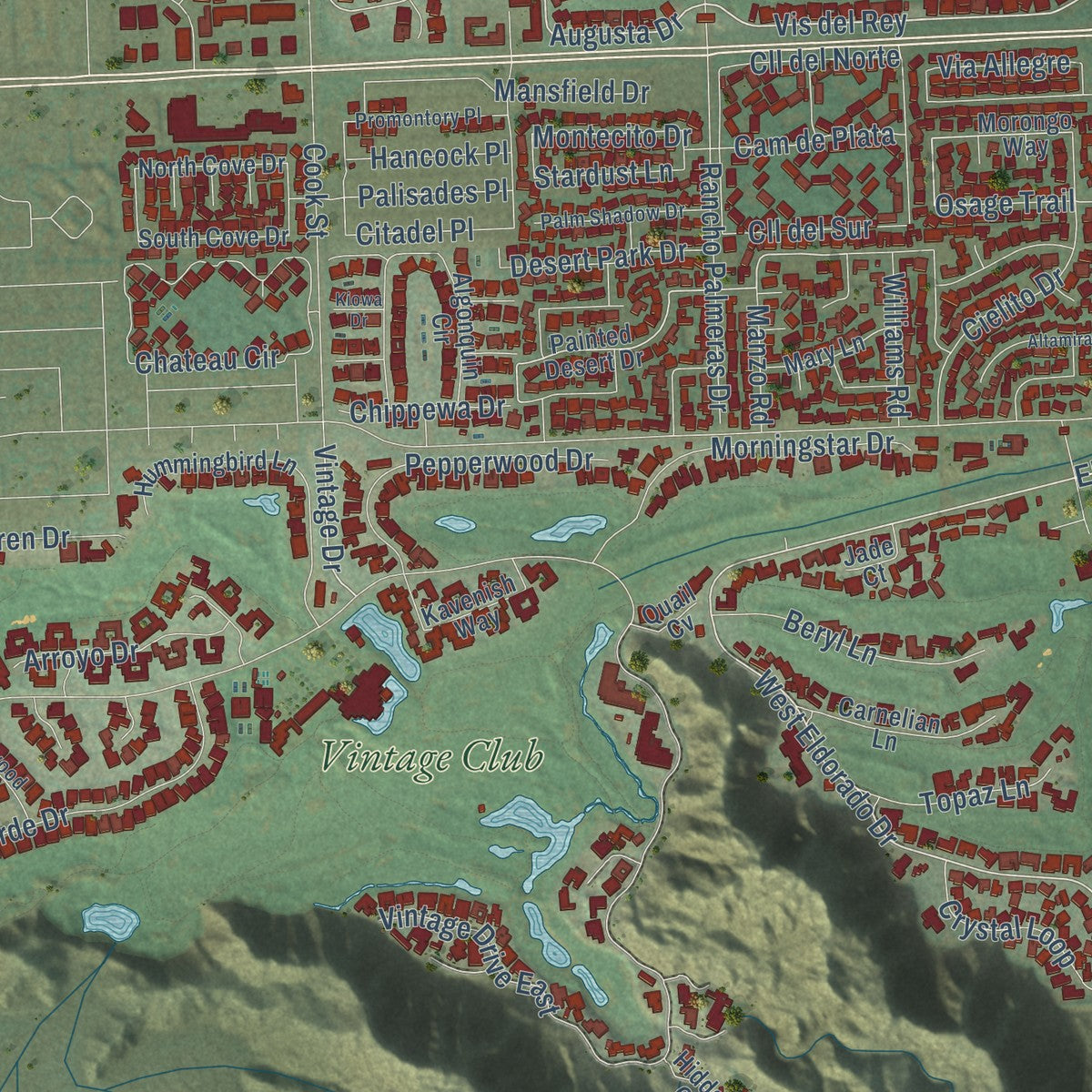 Close-up of the map of Indian Wells, California print showing street and building detail