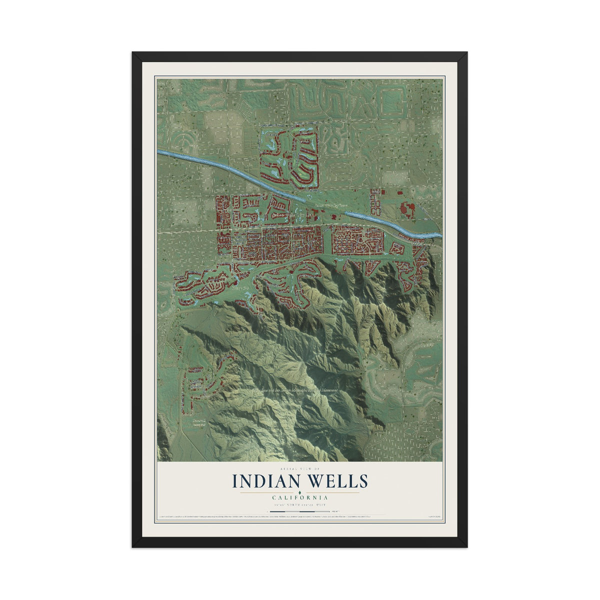 Map of Indian Wells, California, 12 x 18 inch print in a black wood frame