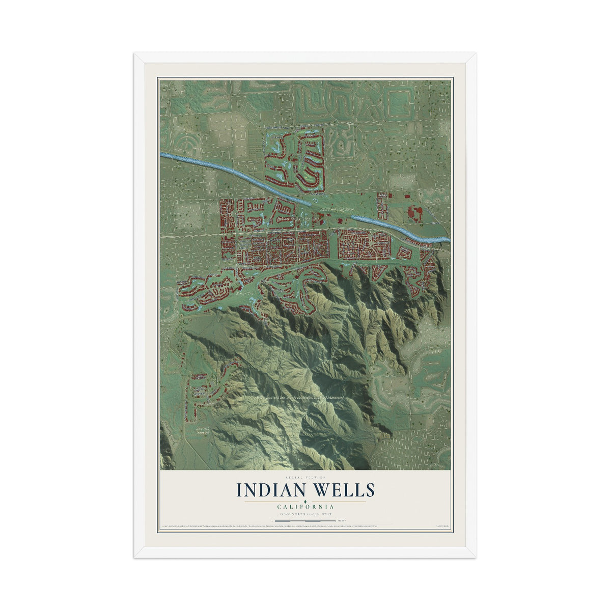 Map of Indian Wells, California, 12 x 18 inch print in a white wood frame