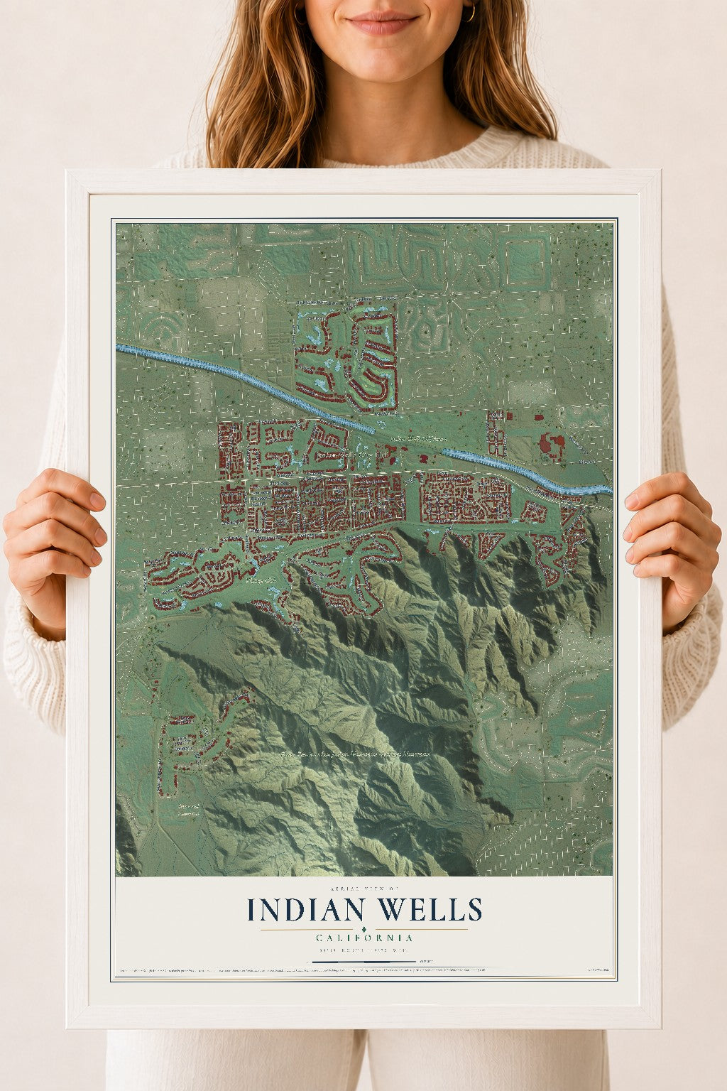 Map of Indian Wells, California, 18 x 24 inch print in a white wood frame