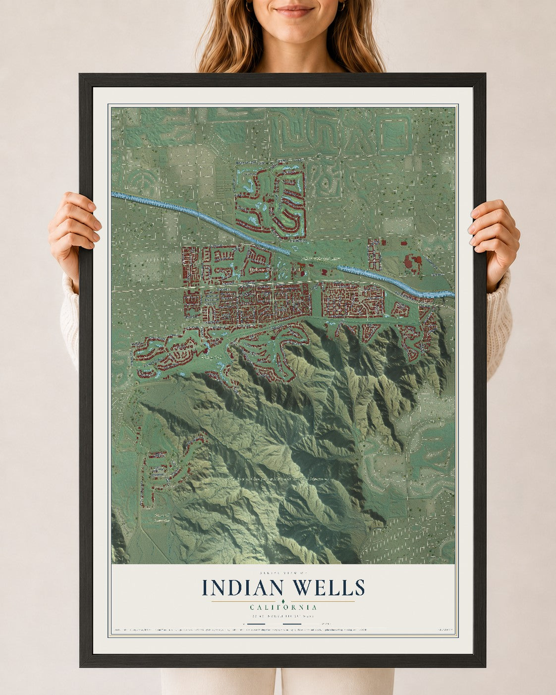 Map of Indian Wells, California, 24 x 36 inch print in a black wood frame