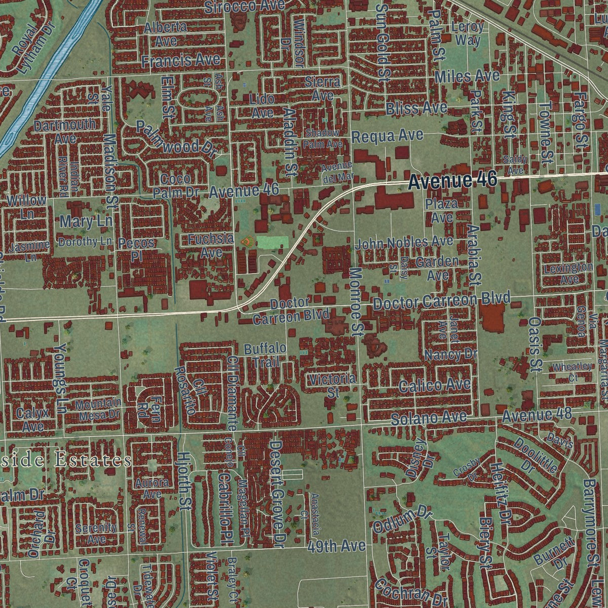 Close-up of the map of Indio, California print showing street and building detail