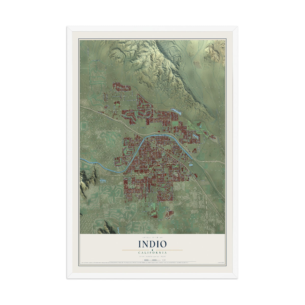 Map of Indio, California, 12 x 18 inch print in a white wood frame