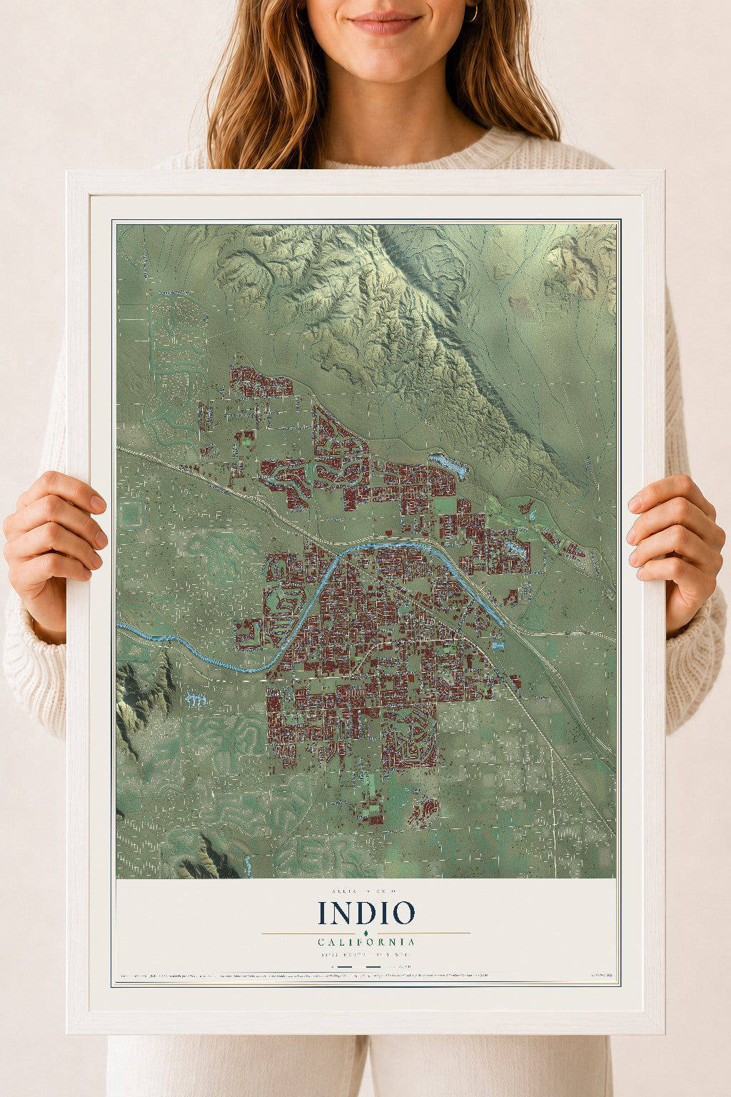 Map of Indio, California, 18 x 24 inch print in a white wood frame