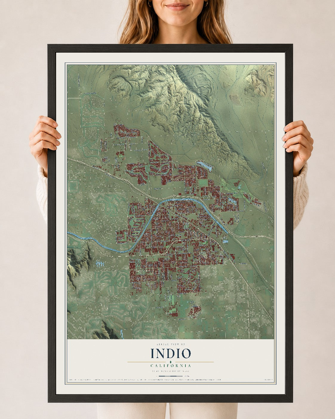 Map of Indio, California, 24 x 36 inch print in a black wood frame