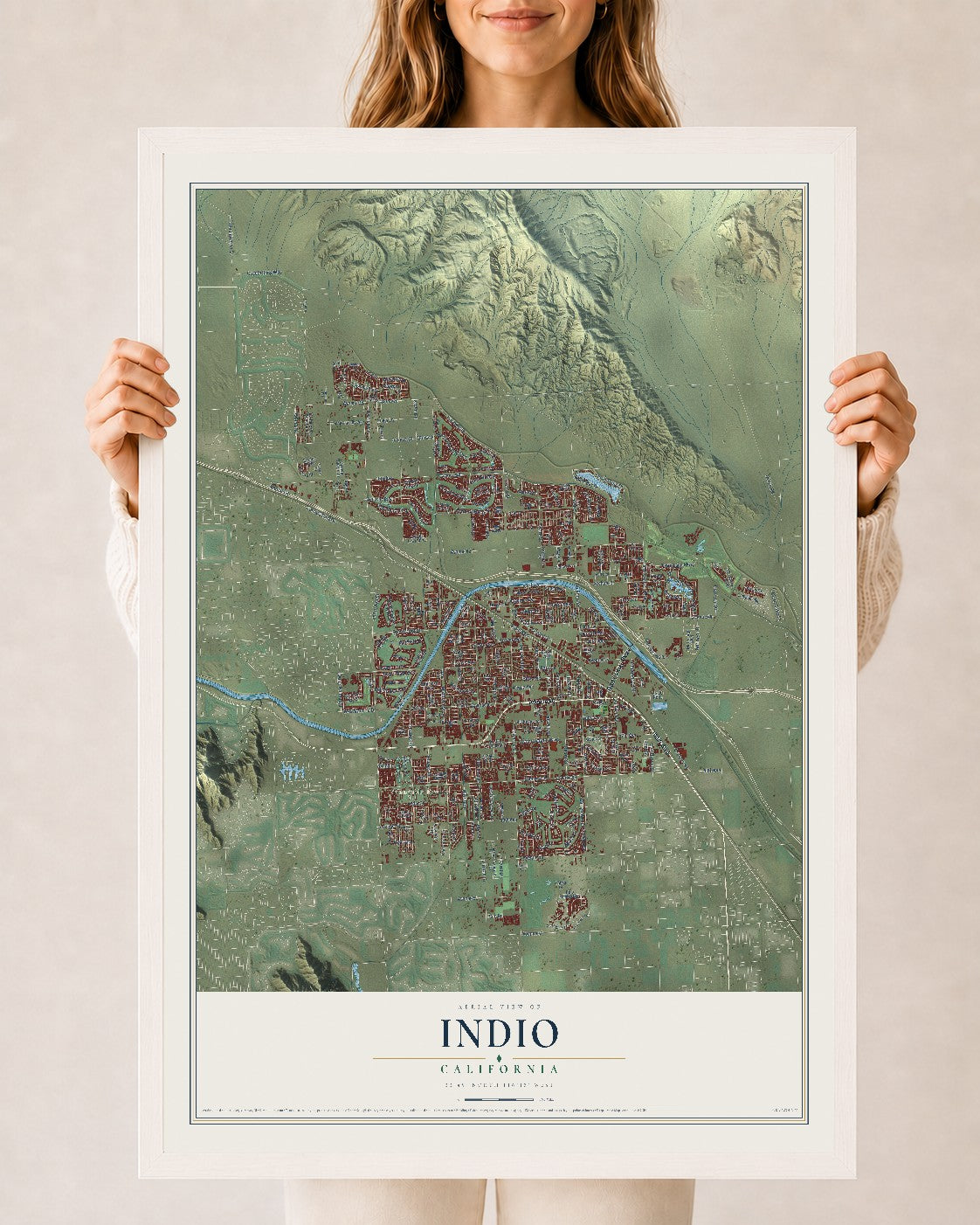 Map of Indio, California, 24 x 36 inch print in a white wood frame