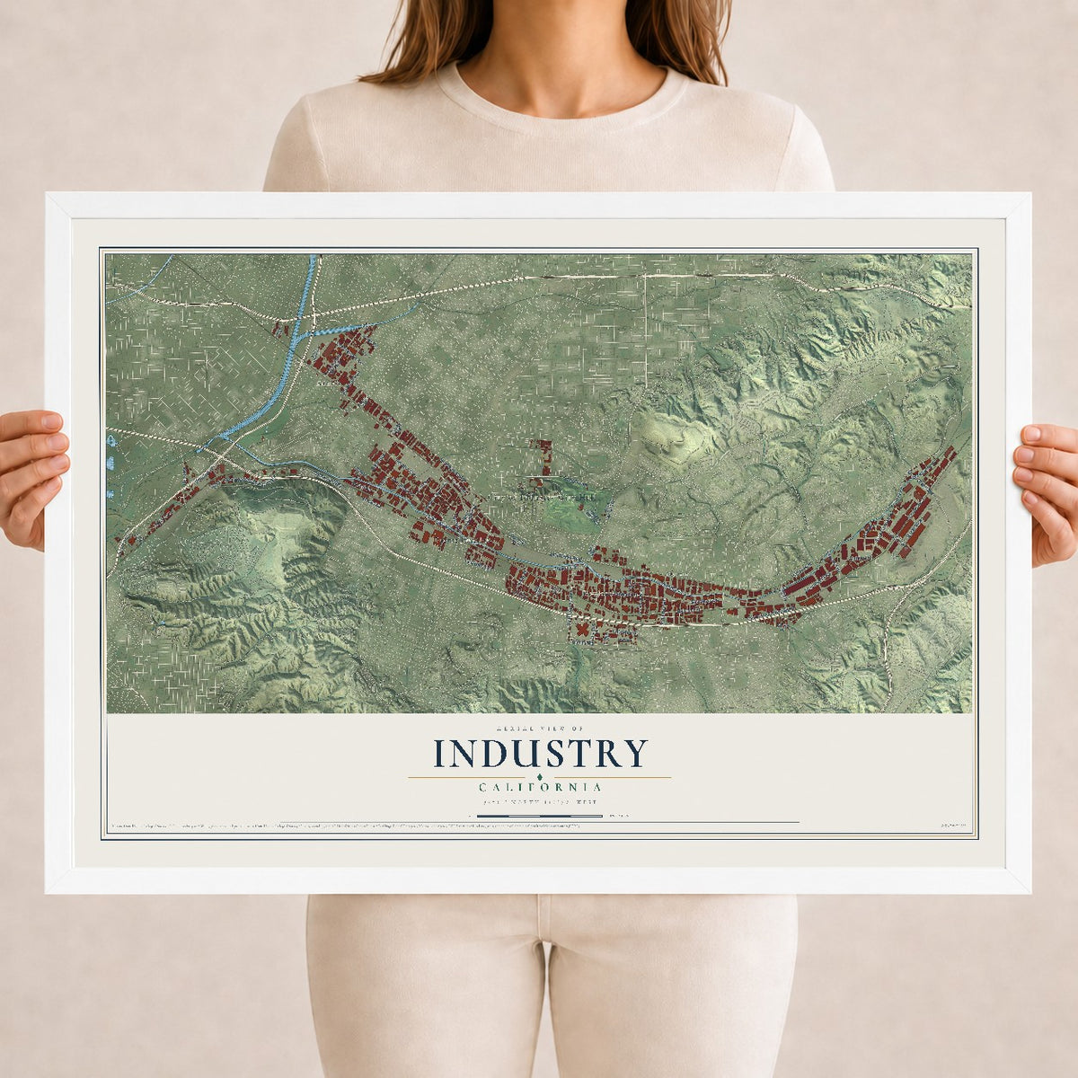 Map of Industry, California, 18 x 24 inch print in a white wood frame